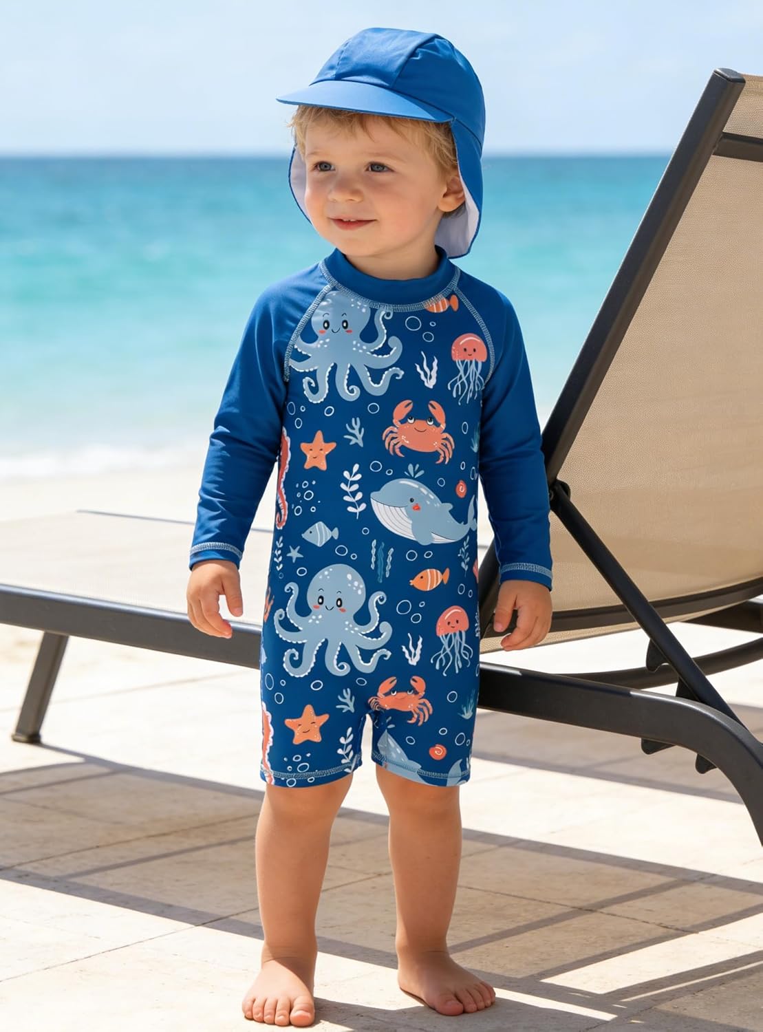 ADUKIDE Baby Boys Swimsuit Summer Beach Rash Guard Swimwear One Piece Sunsuit with Sun Hat 3-24 Months - Image 3