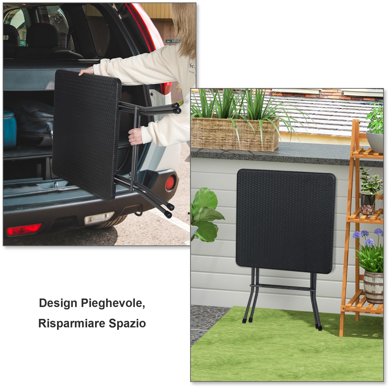 eSituro Tavolo Pieghevole da Balcone, 61x61x73cm, Tavolino da Esterno in Stile Rattan, Tavolo Richiudibile Salvaspazio con Struttura in Metallo, per Giardino, Terrazza, Nero
