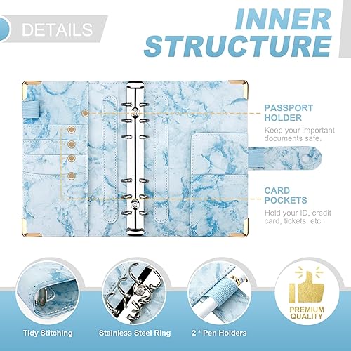 Miniatura 3 de Onlyesh Carpeta presupuestaria de 28 piezas, de 6 anillos, con sobres para dinero en efectivo y estampado de mármol, para ahorrar dinero, azul