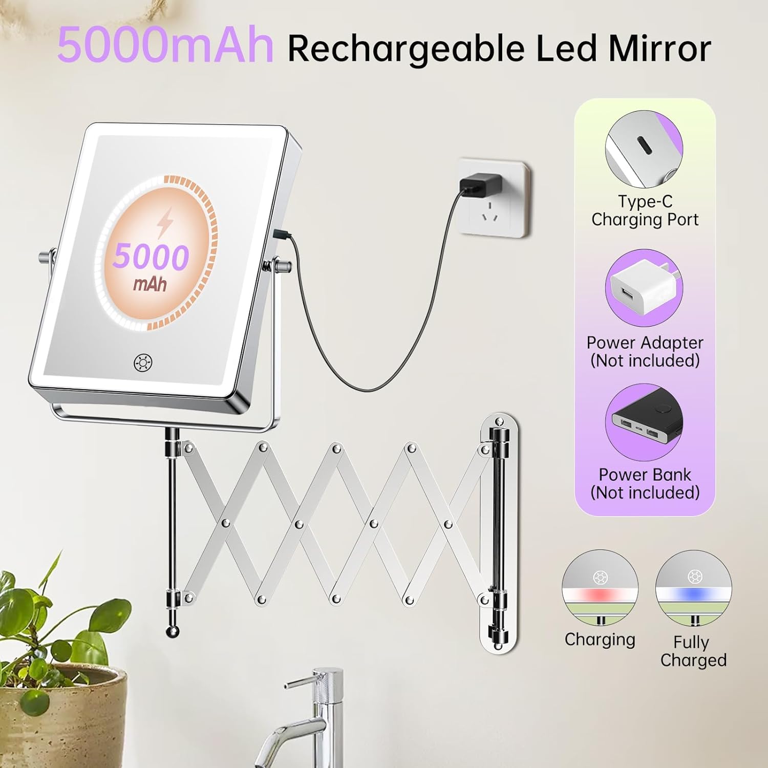 fascinate 5000mah rechargeable wall mounted makeup mirror with lights, 8.7 inch double sided touch switch 1x 30x magnifying bathroom mirror, 3 color lights dimmable extended arm 360°rotation (chrome) 30x 5000mah chrome