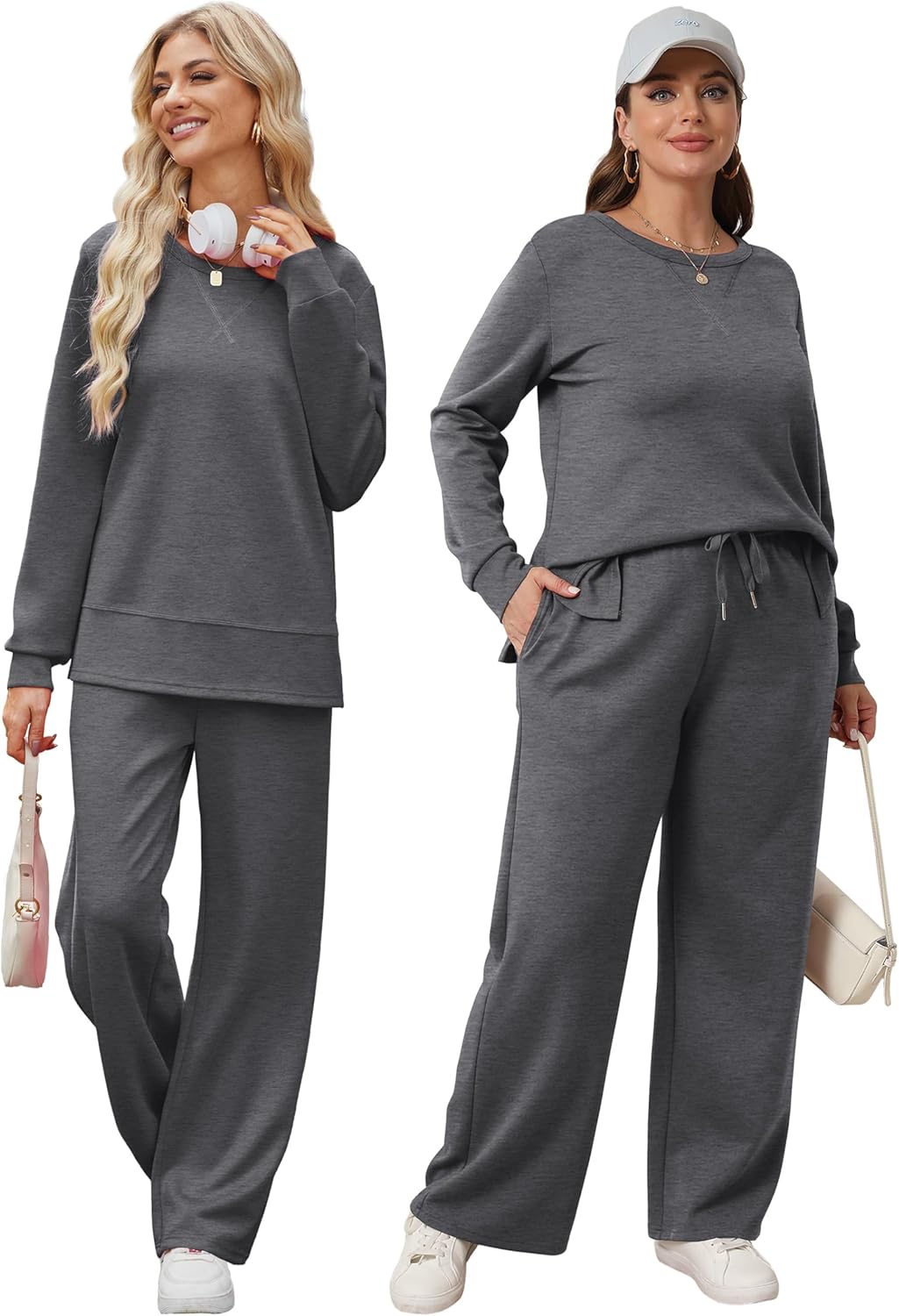 OFEEFAN Women's 2 Piece Lounge Set Travel Airport Outfits Side Slit Tracksuit Wide Leg Loungewear Baggy Comfy Sweatsuit S-3XL - Image 5