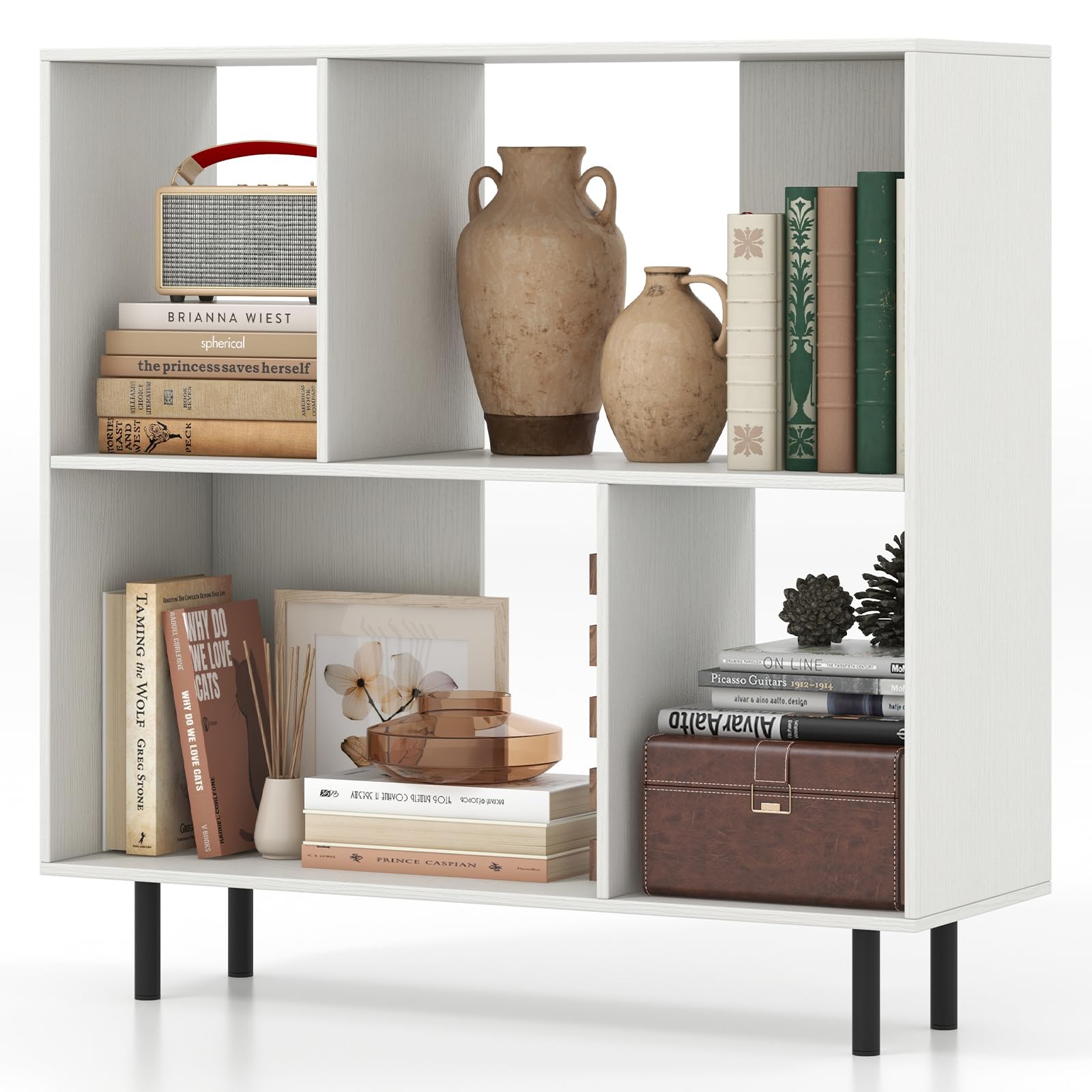 Tangkula 4 Cubby Open Bookcase, 3-Tier Freestanding Bookshelf with Detachable Metal Legs, Anti-toppling Device, Anti-Falling Baffles, Modern Cubicle