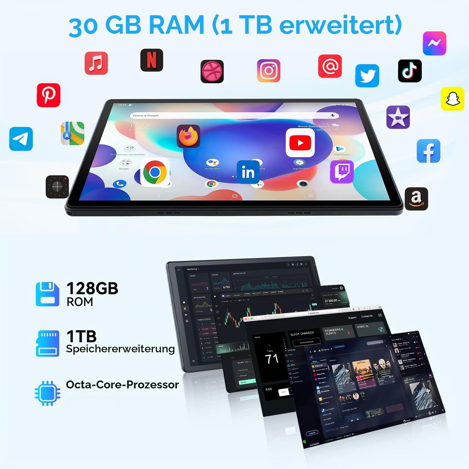Whitedeer Tablet, Tablet 10 Zoll, Android Tablet mit 30GB RAM 128GB ROM, Octa-Core, HD IPS Touchscreen, 5000mAh Akku, WiFi 6, Bluetooth 5.0, Dual Kamera, Face ID, Google-Zertifiziert, Schwarz