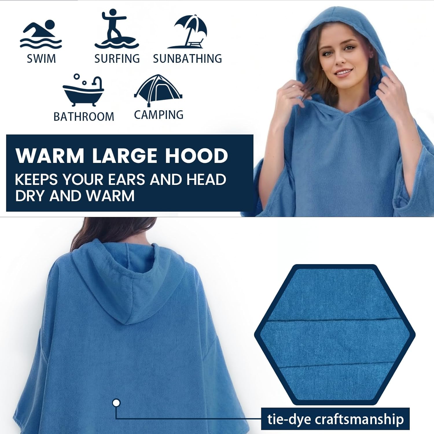 Surf Poncho Hooded Beach Towel, Quick Dry Terry Cloth, Extra Large Changing Robe with Pockets for Adults, Unisex Peacock Blue Cover-Up for Swim, Bath, Beach, Gift for Swimmer Lovers