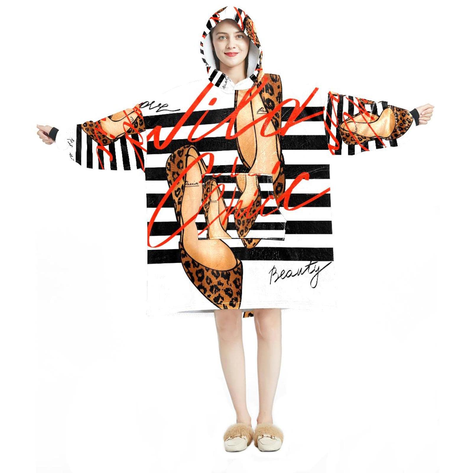 EslifeyOversized Hoodie Blanket Sweatshirt, Sherpa Flannel Wearable Blanket Hoodies with Pocket for Adults Men Women, High Heel Shoe Stripe Illustration