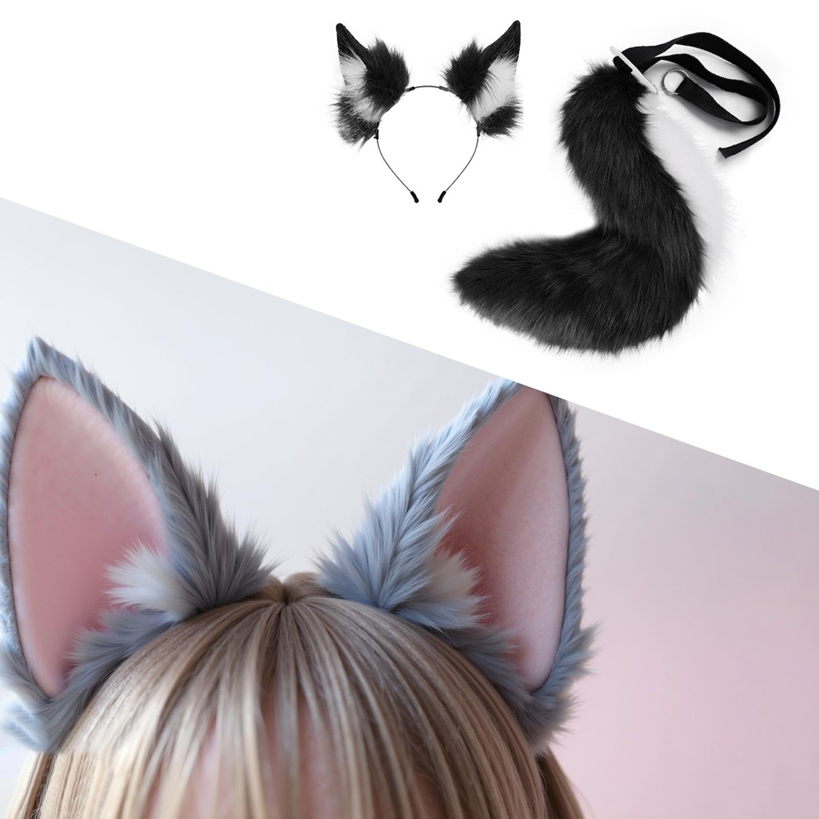 Jojomis Cosplay Set Tierohren Stirnband und Langer Schwanz Schwarz-Weiss für Verkleidung Party Rollenspiele
