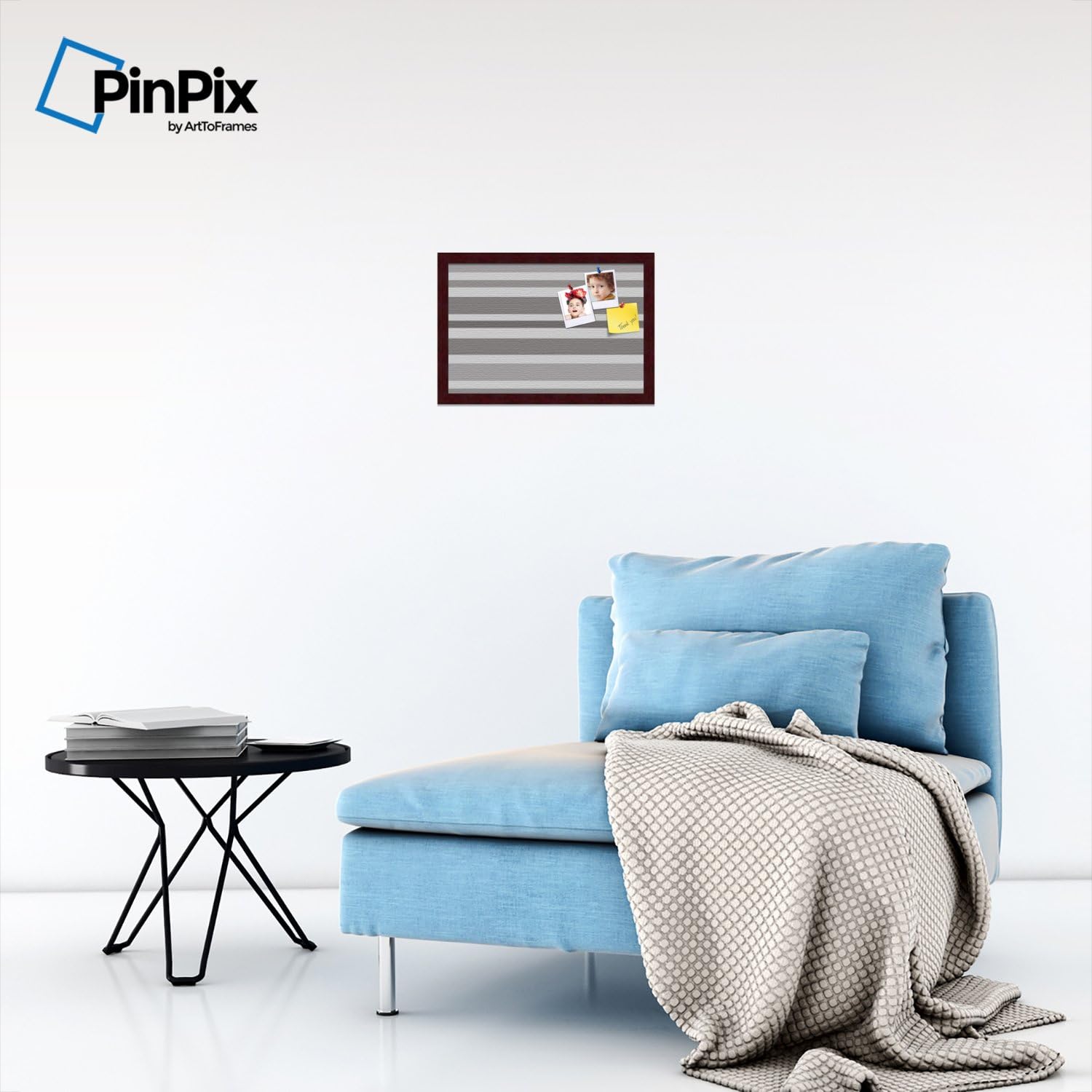PinPix Custom Printed pin Cork Bulletin Board Made from Canvas, Graphite Grey Bold Stripe Design 18 x 12 Inches (Completed Size) and Framed in Classic Mahogany Frame (PinPix-199)
