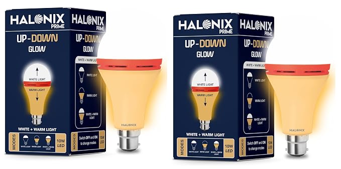 Halonix 10W Up Down Glow Yellow & White 3 Modes led Bulb | Switch On-Switch Off to Change led Bulb Color | Decorative led Bulb | b22d | Pack 2