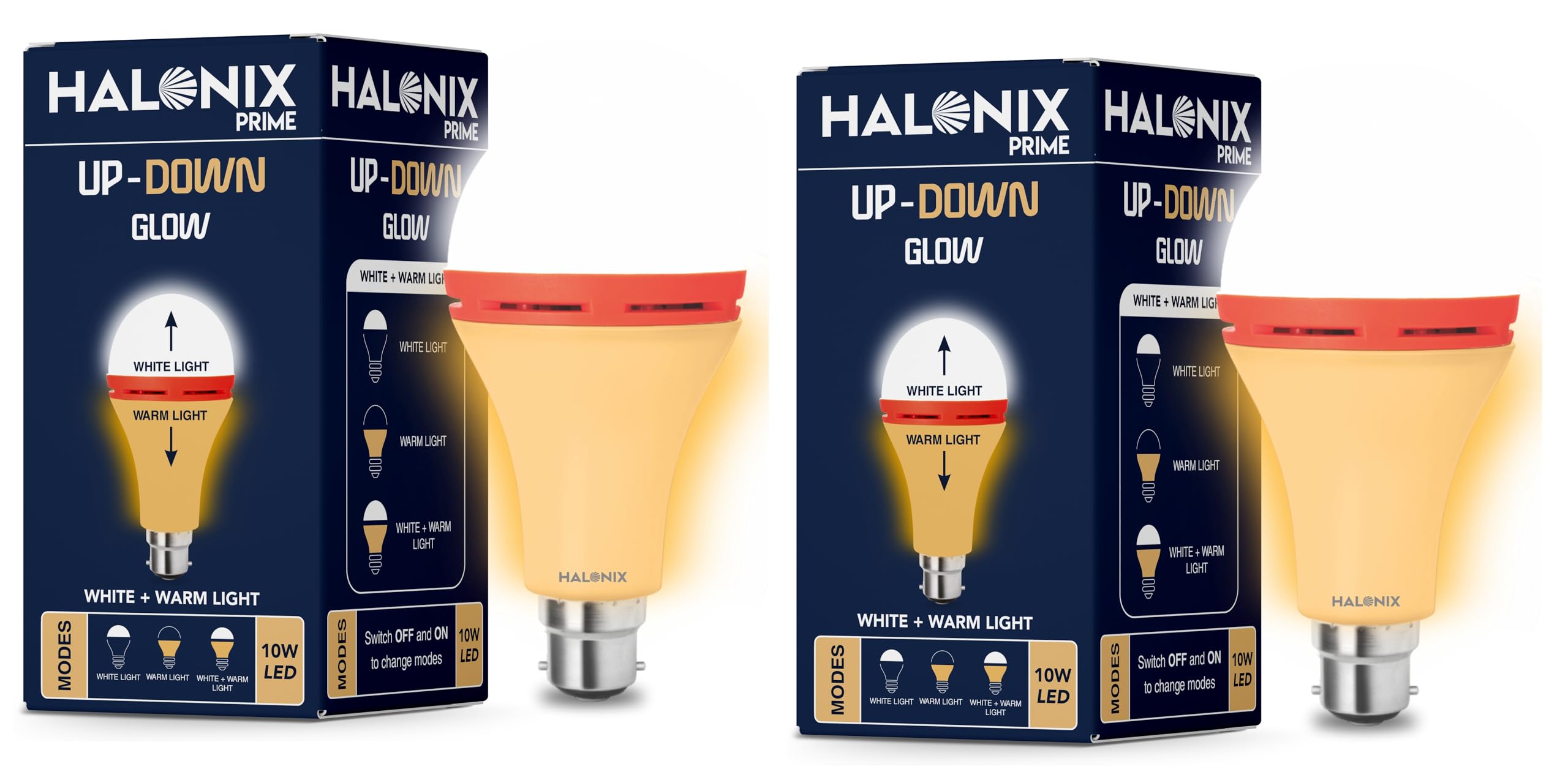 Halonix 10W Up Down Glow Yellow & White 3 modes led bulb | Switch On-Switch Off to change led bulb color | Decorative led bulb | b22d | Pack 2-image-26