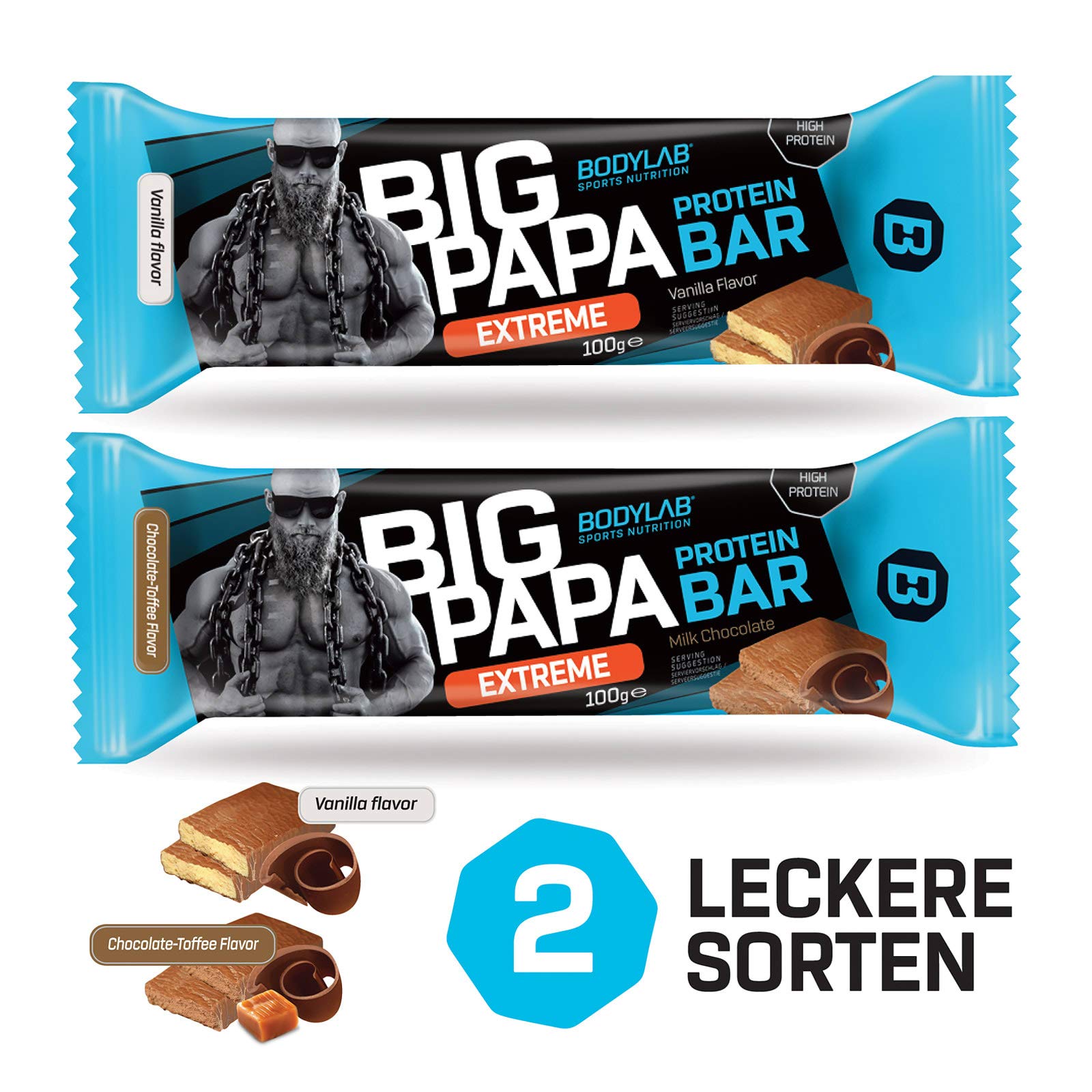 Bodylab24 Big Papa Protein Bar 12 x 100g, Protein-Riegel mit 49g Protein, Eiweißriegel mit wenig Zucker, idealer Fitness-Snack für hart trainierende Sportler mit hohem Proteinbedarf, Vanille