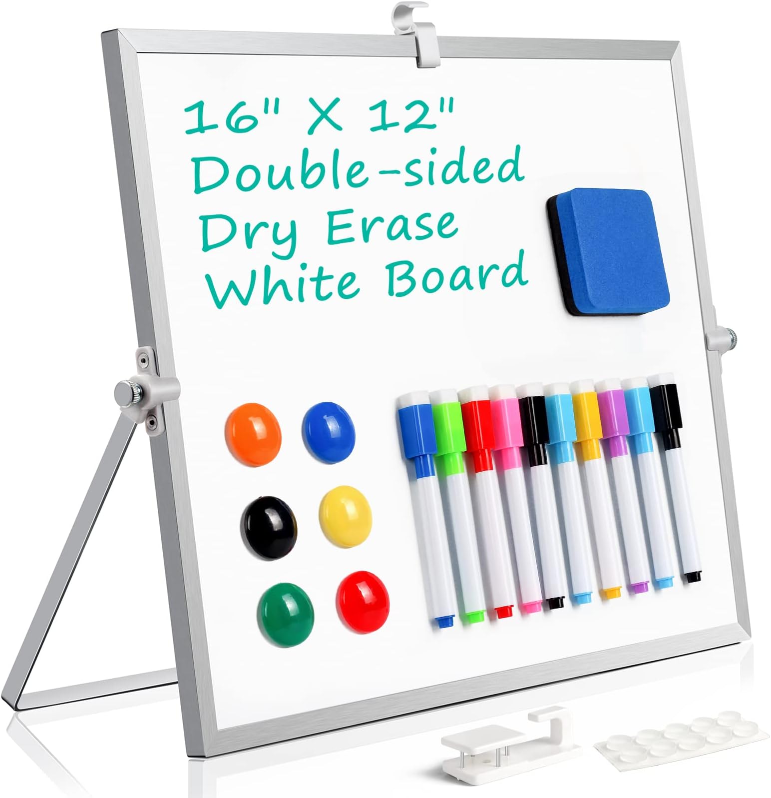 Dry Erase White Board for Kids- Desktop Whiteboard 16" X 12" with Stand, 10 Markers, 6 Magnets, 1 Eraser, Portable Double-Sided White Boards Easel for Drawing Memo to-Do List Desk Wall School