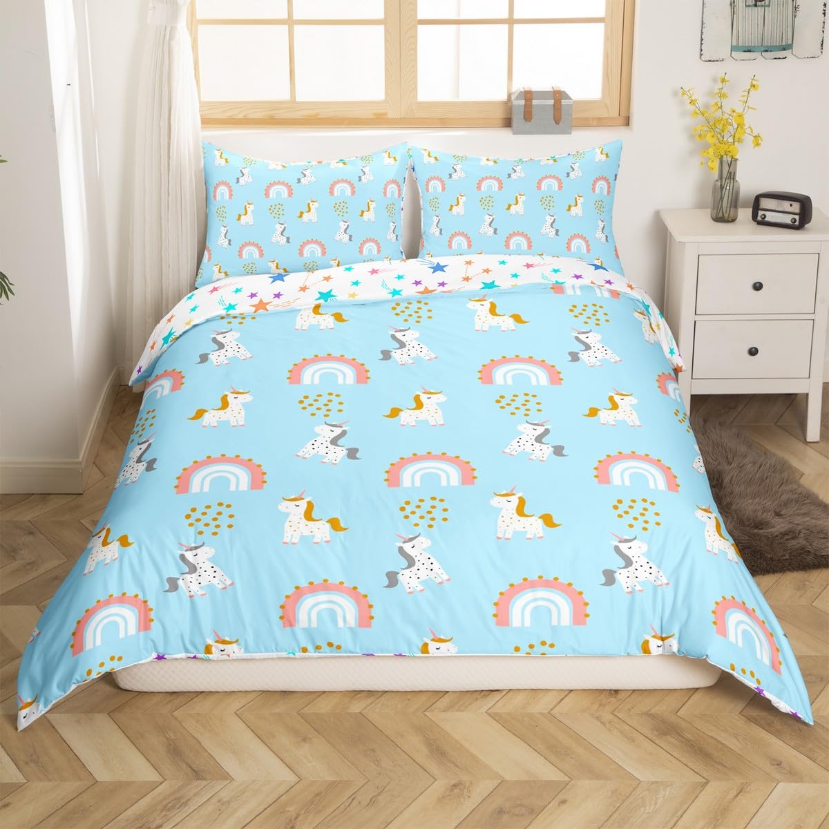 Homemissing Girl Unicorn Duvet Cover Set Single Size Children Kawaii Rainbow Bedding Set Floral Flower Duvet Cover with 1 Pillowcase Rainbow Blue — image 1