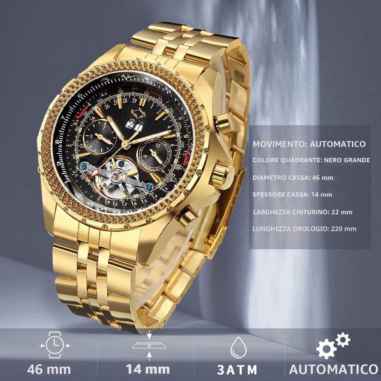 GuTe lussuoso orologio meccanico da polso da uomo, con carica automatica con tourbillon, dorato, con cinturino in acciaio inox, quadrante nero, lancette fluorescenti, funzione di calendario e giorno, datario