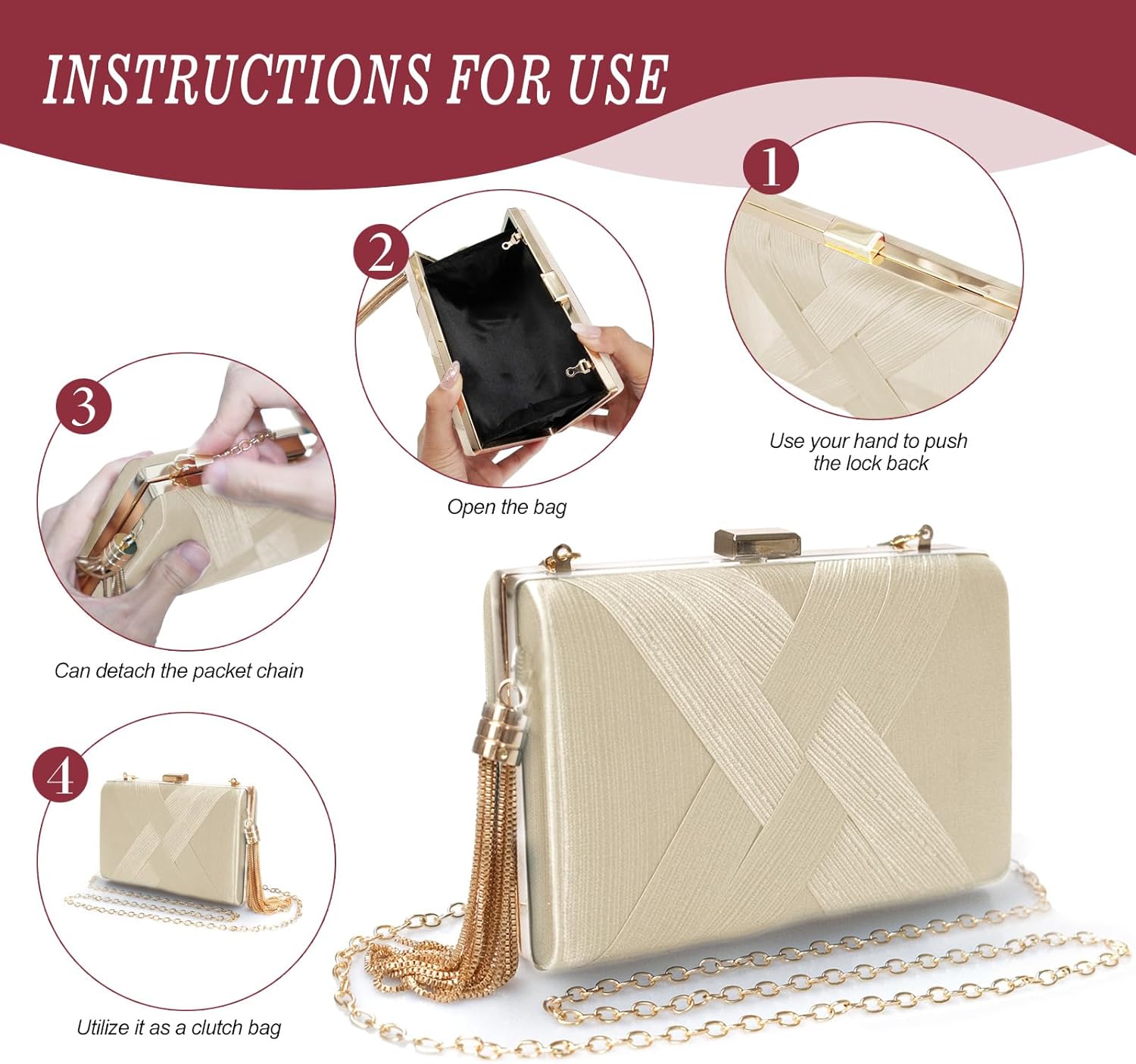 5 Pcs Clutch Purses for Women Jewelry Set Handbag with Necklace Earrings Ring Bracelet Vintage Banquet Handbag with Detachable Chain for Wedding Party Gift Supplies