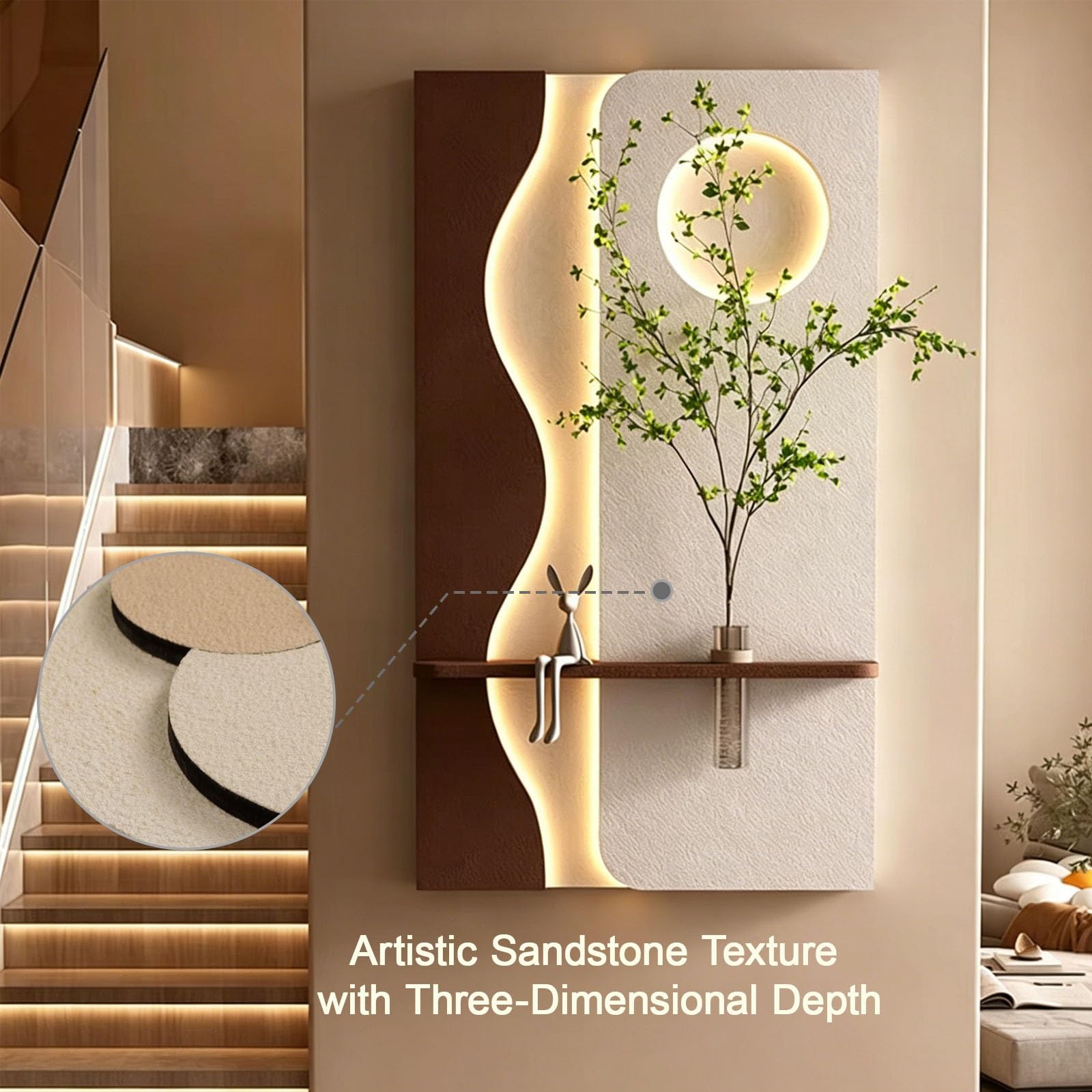 Decorazione murale 3D con illuminazione a LED, scultura in arenaria con vaso in vetro e pianta artificiale, decorazione moderna per ingresso, soggiorno, corridoio e ufficio. (D, 50 * 90 cm / 19,7 * 3