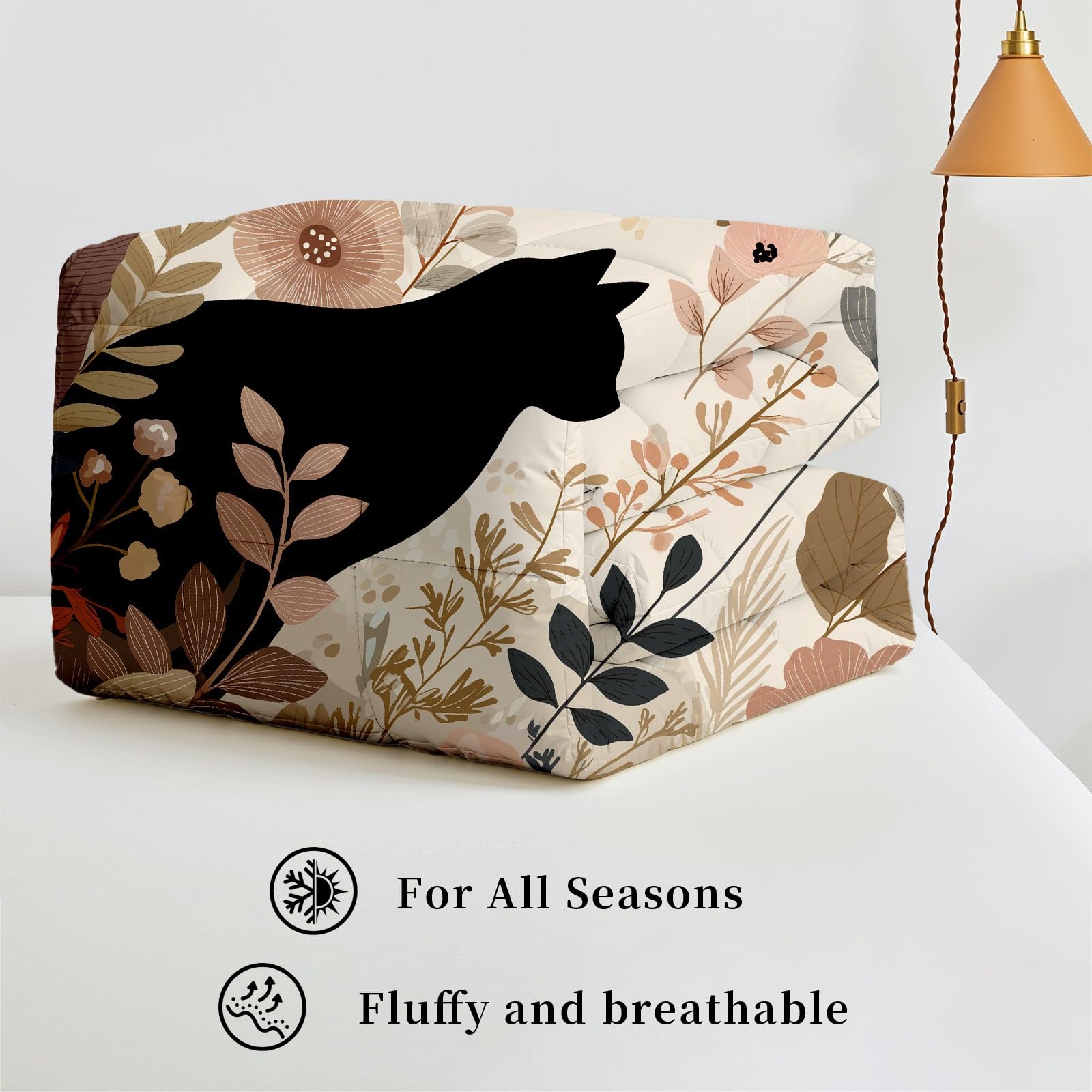 Schwarzes Katze Silhouette Bettwäsche 155x220 cm 3teilig - Pflanzen Blumen Druck Bettdecke Ohne Bezug mit 2 Kissenbezüge 80x80 cm, Waschbare Duvet Wendebettwäsche Bedding mit Reißverschluss