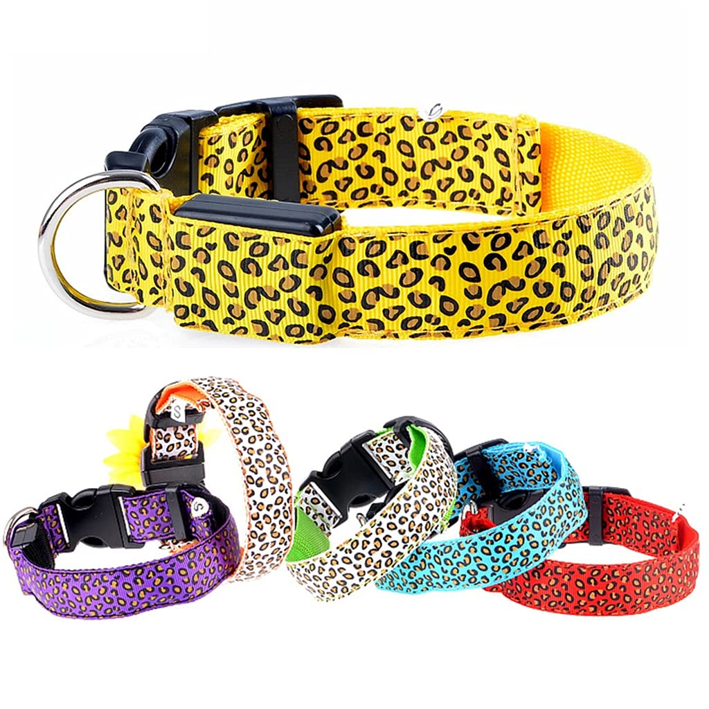 Leoparden-LED-Hundehalsband, leuchtend, verstellbar, leuchtend, für Hunde, Haustiere, Nachtsicherheit, Nylonhalsband, leuchtend, LED, helles Hundehalsband (Gelb Medium)
