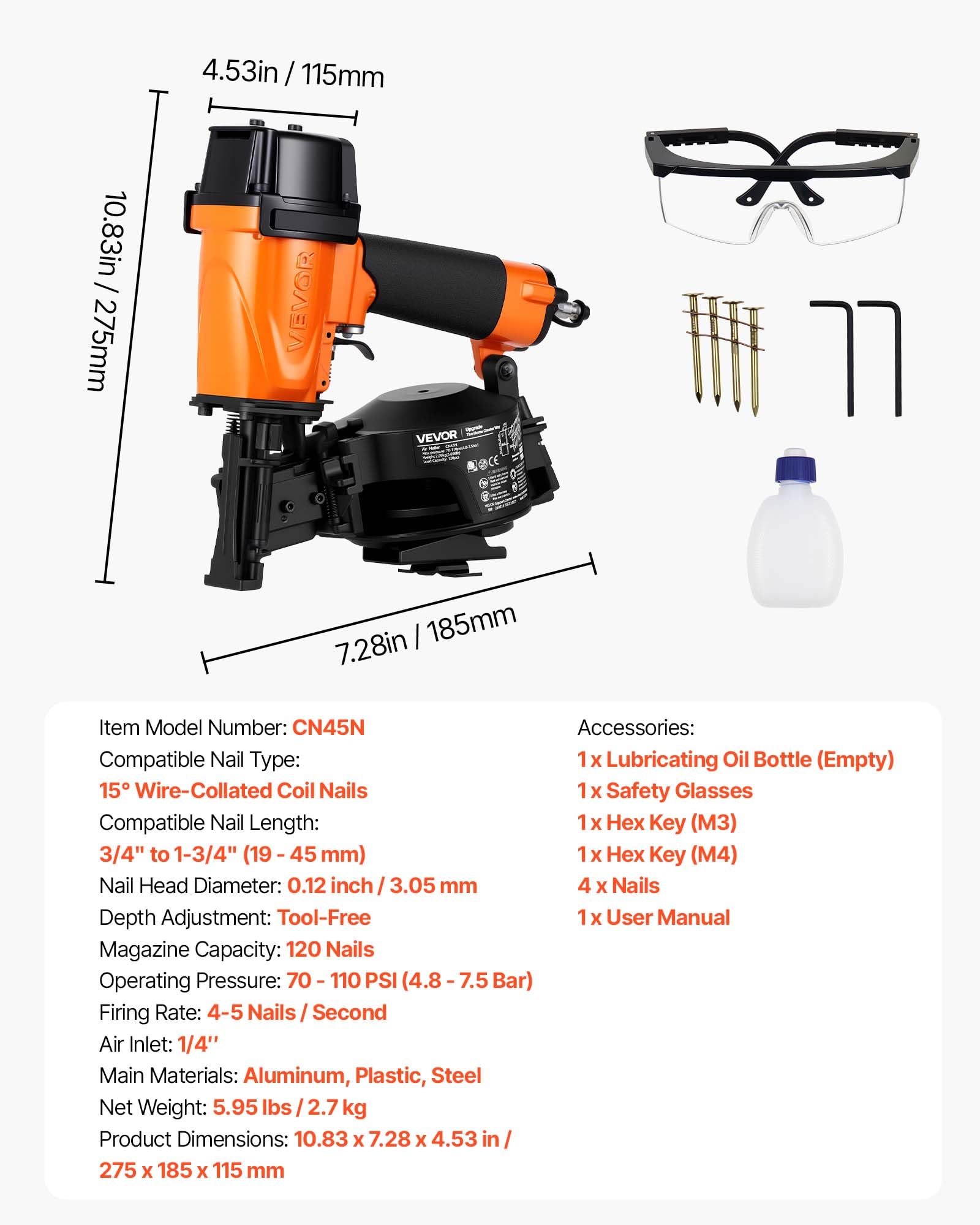 VEVOR Gwoździarka pneumatyczna 15° cewka CN45C, gwoździarka do dachów, długość gwoździ 19-45 mm, 4-5 gwoździ/s, wysoka prędkość gwoździa, 4,8-7,5 bar, do dachówek asfaltowych i pokryć dachowych