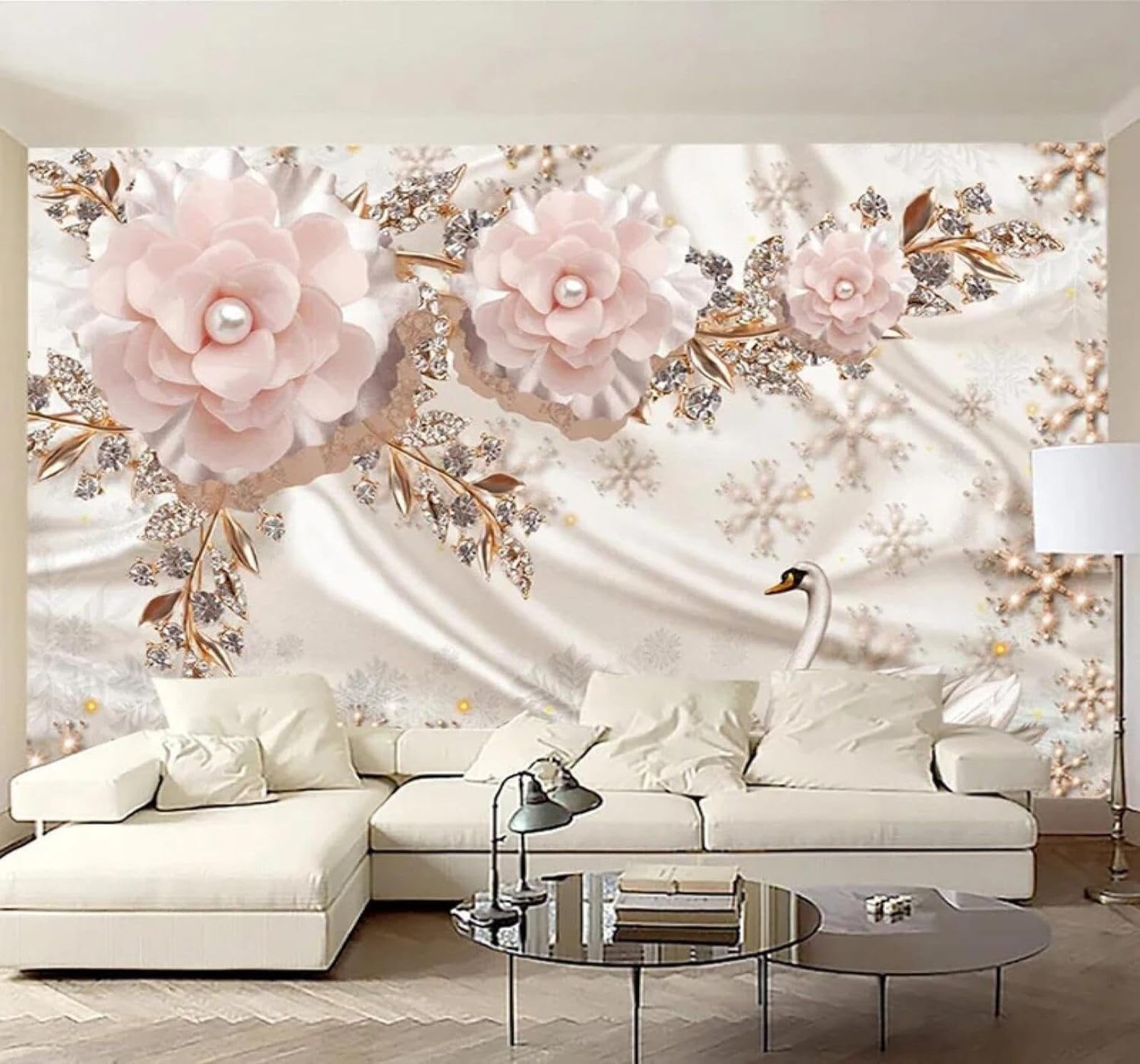 XLMING Luxury Swans Jewellery Pink Flowers 3D Wallpaper Luxury Home Dining Decor Paste Sofa Living Room The Wall for Bedroom Mural-300cm×210cm