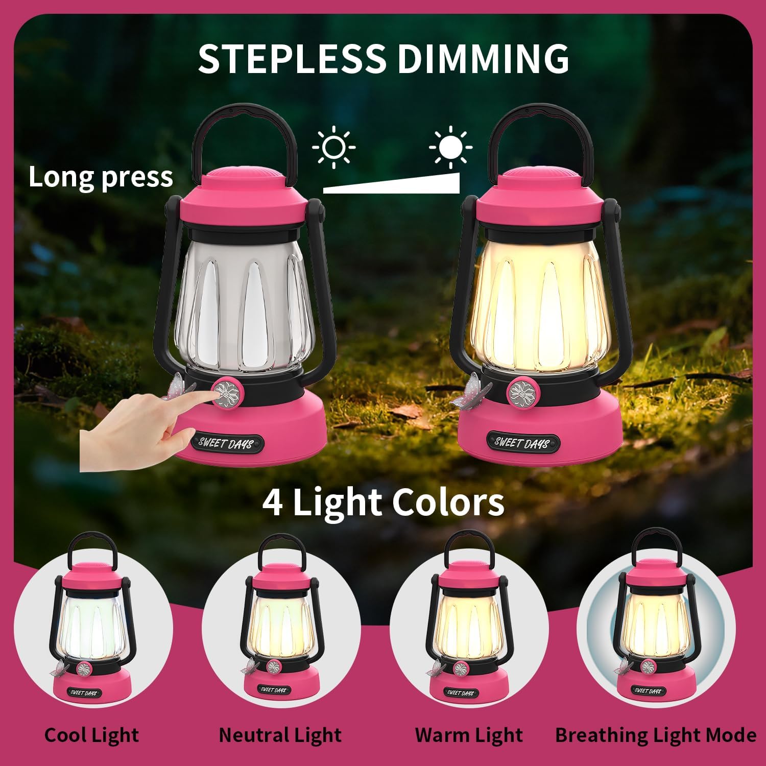Kids Lantern with 4 Color Dimmable & USB-C Charging, Butterfly Lights for Bedroom, Indoor Outdoor Adventures & Emergency Use Toddler Flashlight, Power Outages Camping Essentials for Girl (Hot Pink)