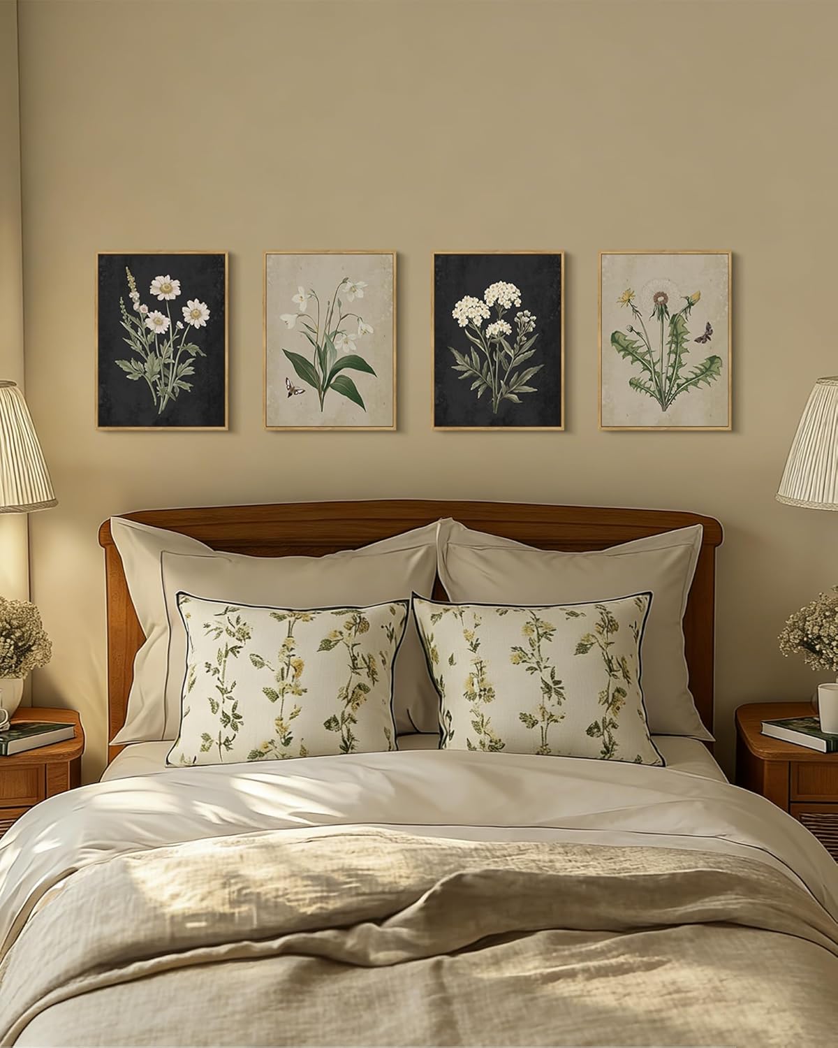 KUVIOKE Vintage Botanical Boho Framed Wall Art Set of 4 Piece Antique Flower Prints Farmhouse Retro Plants Rustic Artwork Bathroom Kitchen Home Decor Ready to Hang 11x14inx4pcs (Natural Framed)