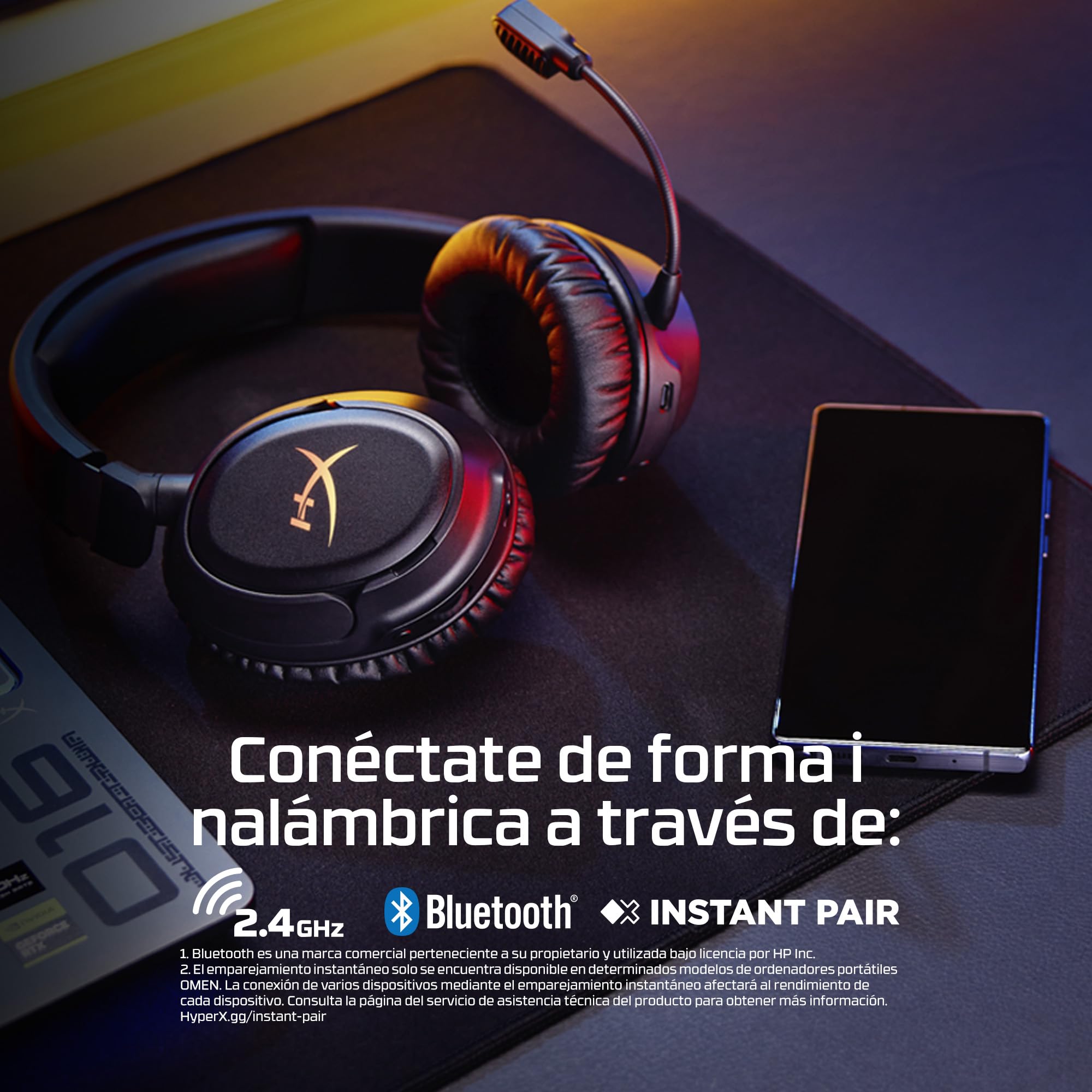 HyperX Cloud Flight 2 – Auricular Gaming inalámbrico, Luces RGB Personalizables, batería 100 Horas, Dual Wireless 2.4GHz y Bluetooth, Instant Pair, PC/PS/Switch/Móvil, Negro
