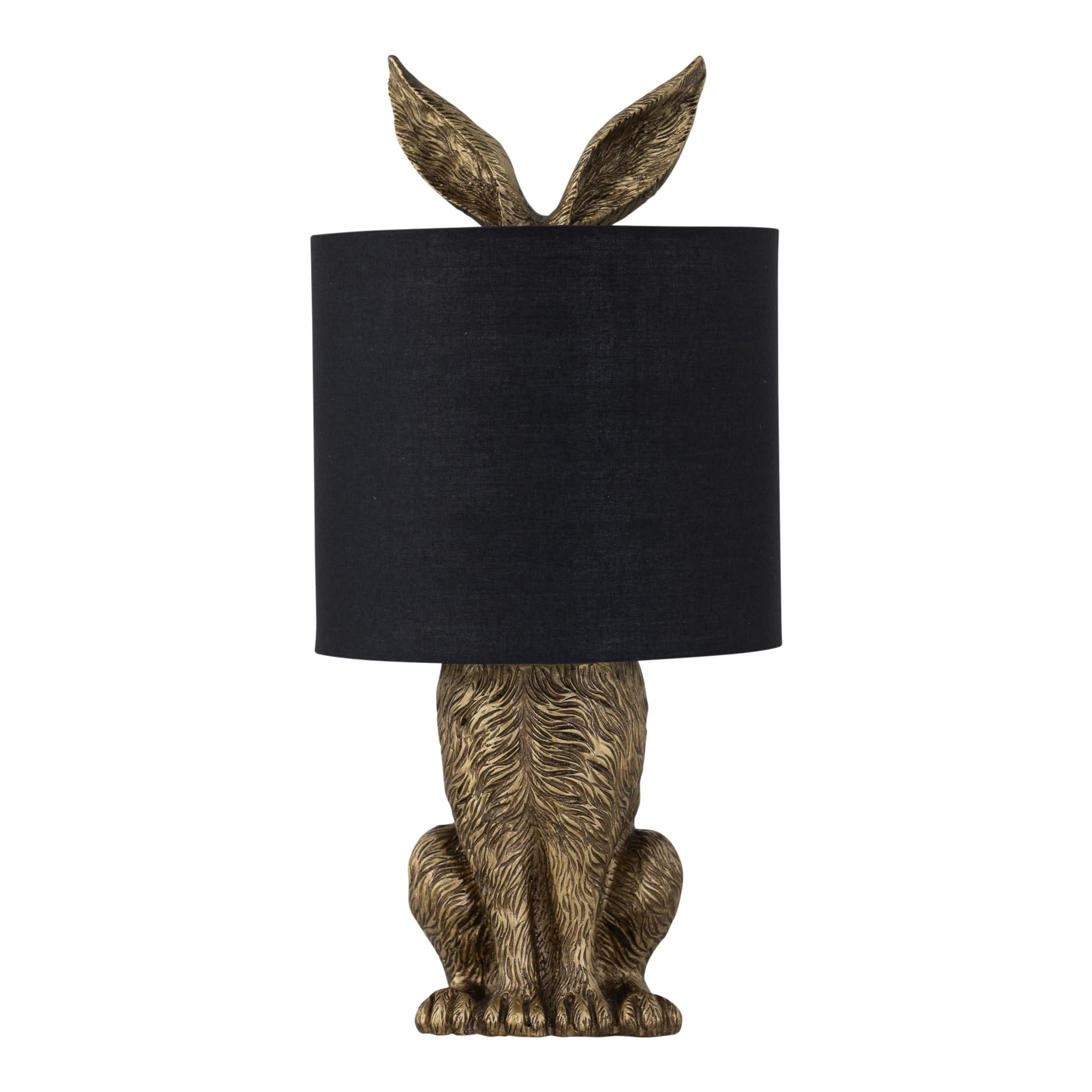 firstchoicelighting Antique Gold Hare Rabbit Table Lamp or Bedside Light with Black Fabric Shade, Resin Animal, Height 43 cm, LED Compatible