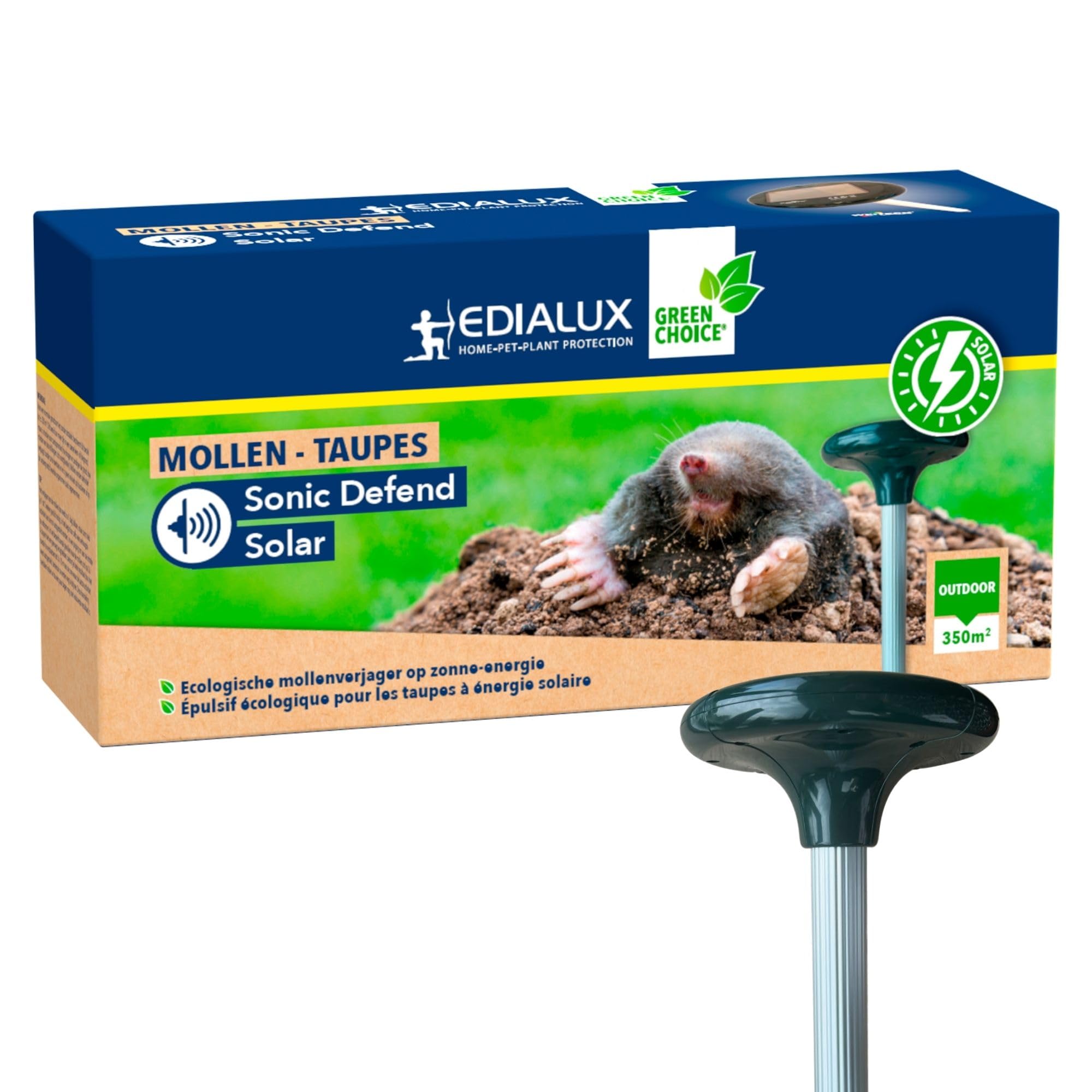 Edialux Répulseur Solaire pour Taupes avec Sons et Vibrations système répulsif ultrasonique écologique pour Jardin Protection Jusqu’à 350 m² résistant aux intempéries