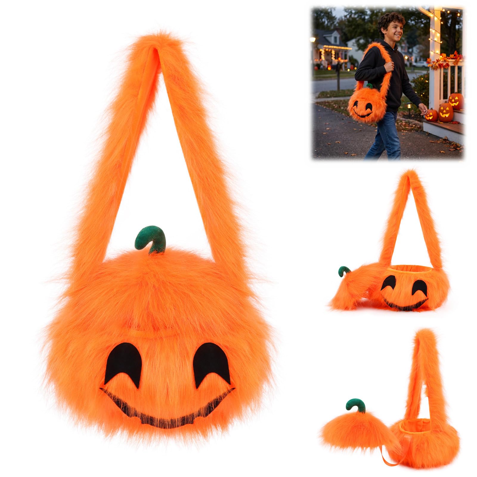 Halloween pluszowa torba do przechowywania słodyczy w kształcie główki dyni, zabawna torba na ramię z uśmiechniętą twarzą, pomarańczowa, puszysta torba do przytulania, torba na prezent na imprezy.