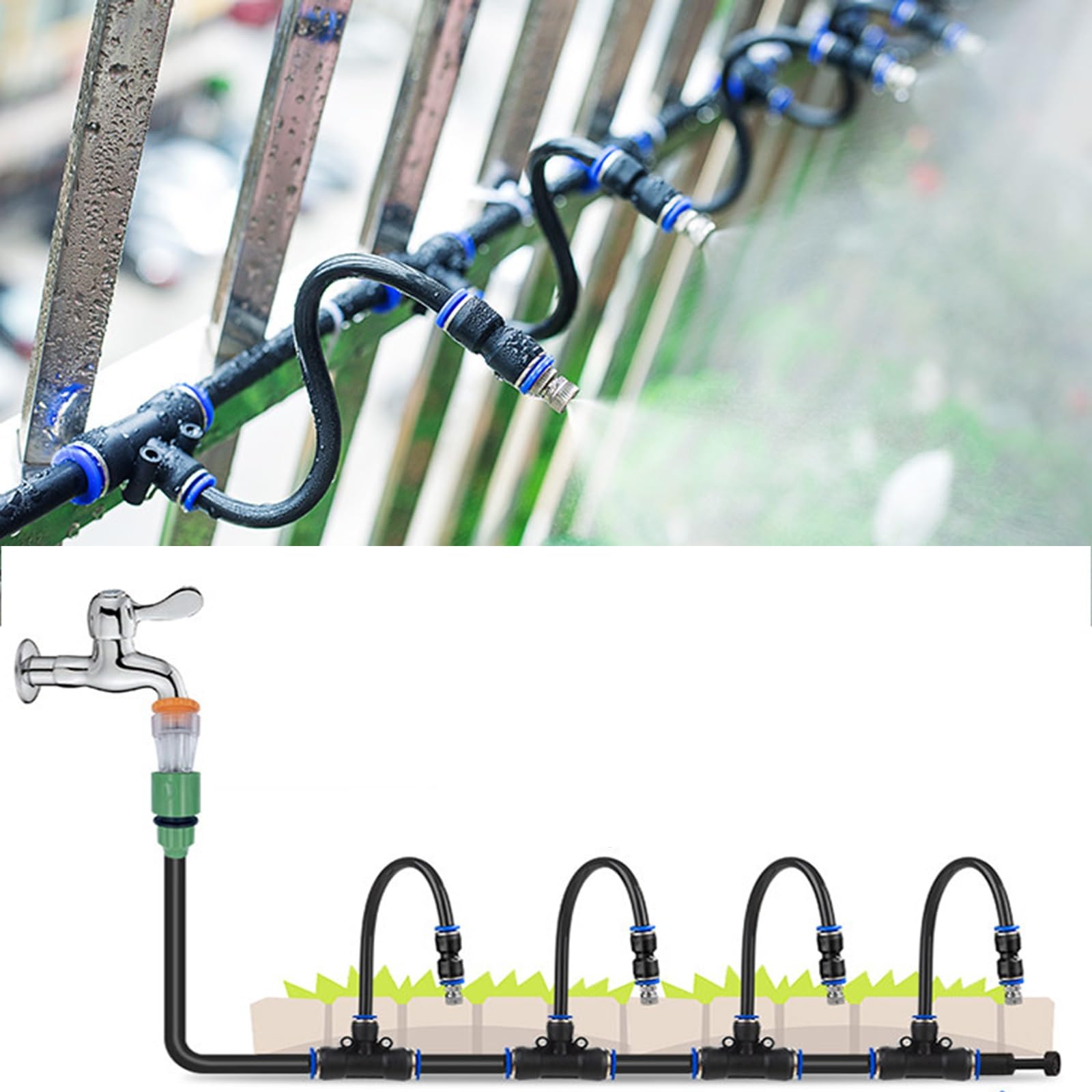 Kit nebulizzazione patio irrigazione giardino raffrescamento esterno | Flusso d'acqua regolabile un raffreddamento, patio, giardino, uso in serra(10cm Nozzle,32.8ft(10m))