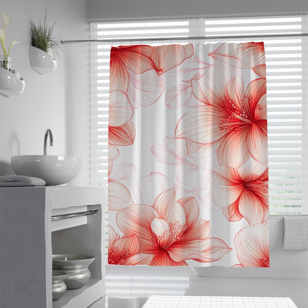UIRINGART Minimalist Sketch Floral Shower Curtain W180xL220cm Red Flower White Background Anti Mould Water Repellent Bath Curtains For Bath Tub With Hooks