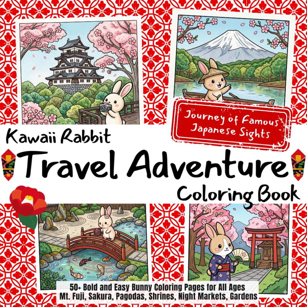 Kawaii Rabbit Travel Adventure - Japan Landmarks Coloring Book: A Cute Rabbit Adventure through Mt. Fuji, Japanese Castles, and Zen Gardens | Bold and Easy Bunny Coloring Pages for All Ages
