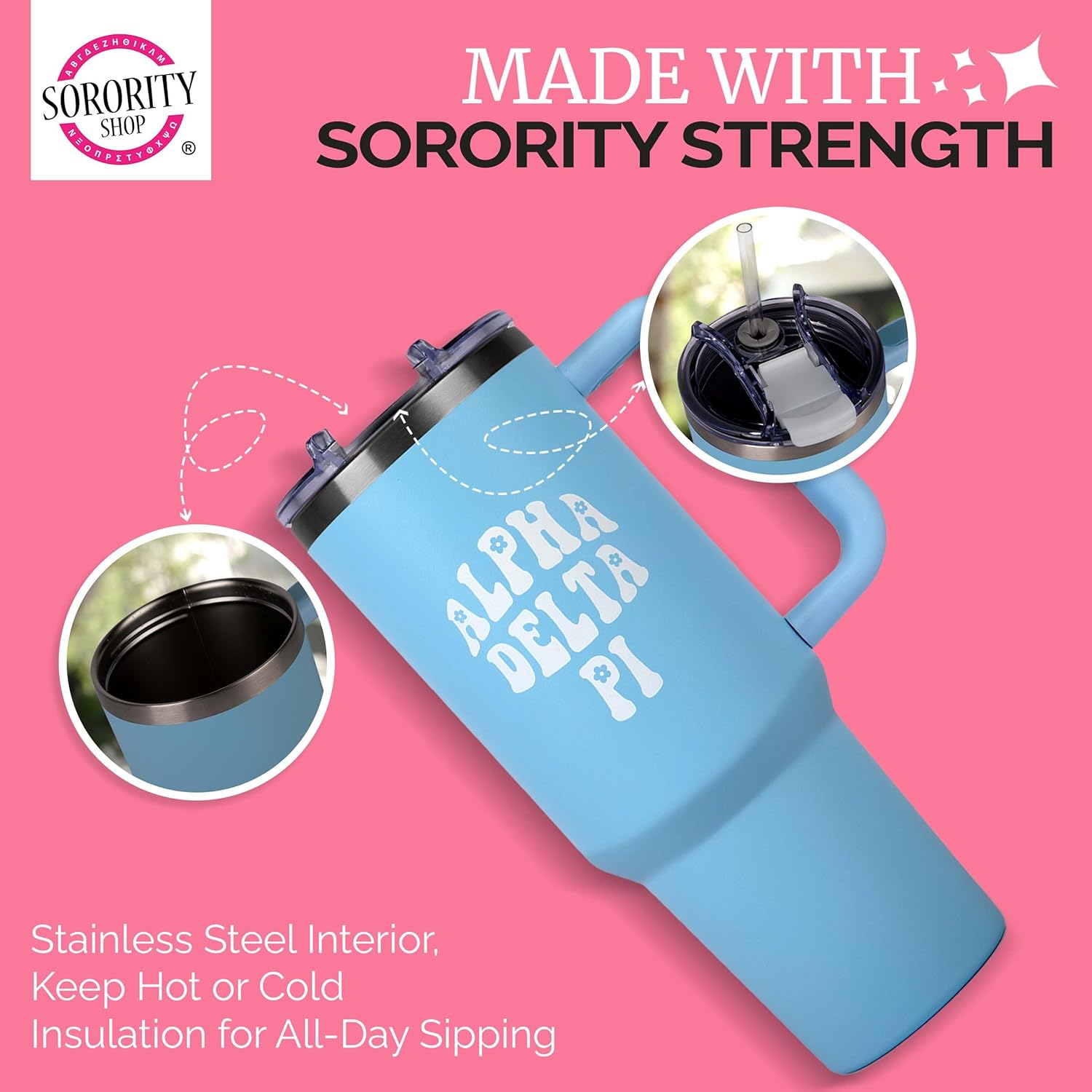 Sorority Shop Pi Beta Phi 40oz Tumbler with Handle - Best Friend Tumblers for Women - Cute Sorority Engraved Tumbler - Insulated Tumblers to Keep Your Drinks Cold or Hot for Hours - Image 3