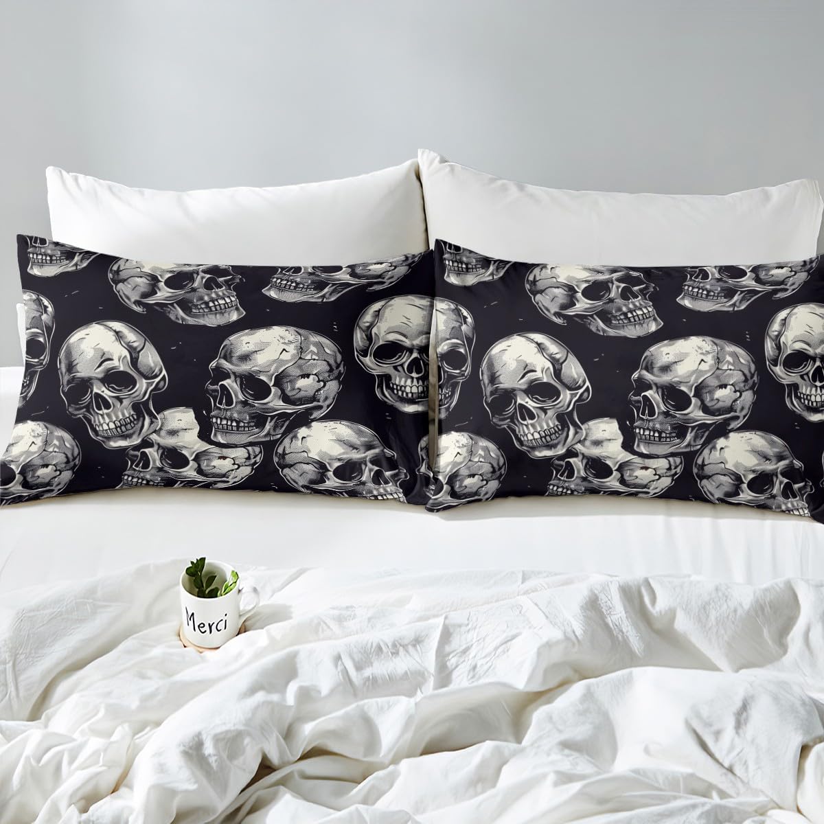 Sugar Skull Bed Sheets Set Kids Gothic Skeleton Sheet Set Halloween Themed Sheets with Deep Pocket Fitted Sheet for Women Men Room Decor Lightweight Bones Black Bedding Set With 2 Pillow Cases