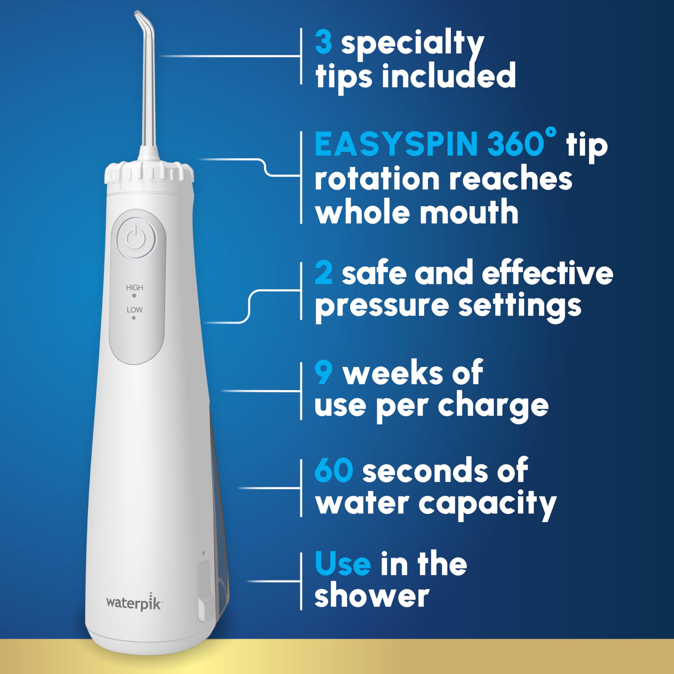 Waterpik Cordless Gem Water Flosser 5100 for Travel and Home, Rechargeable, Portable, Waterproof for Shower, Daily Gum Care, Cleaning Teeth, Braces, Implants, 3 Flossing Tips, ADA Accepted White WF-27 - 2