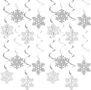 Snowflake Snow-White Christmas Party-Decorations Streamers - 16pcs Xmas Frozen Winter Baby Shower Birthday New Year Paper Hanging Swirls Banner,Classroom Ceiling Garland Wonderland Decor Ouruola