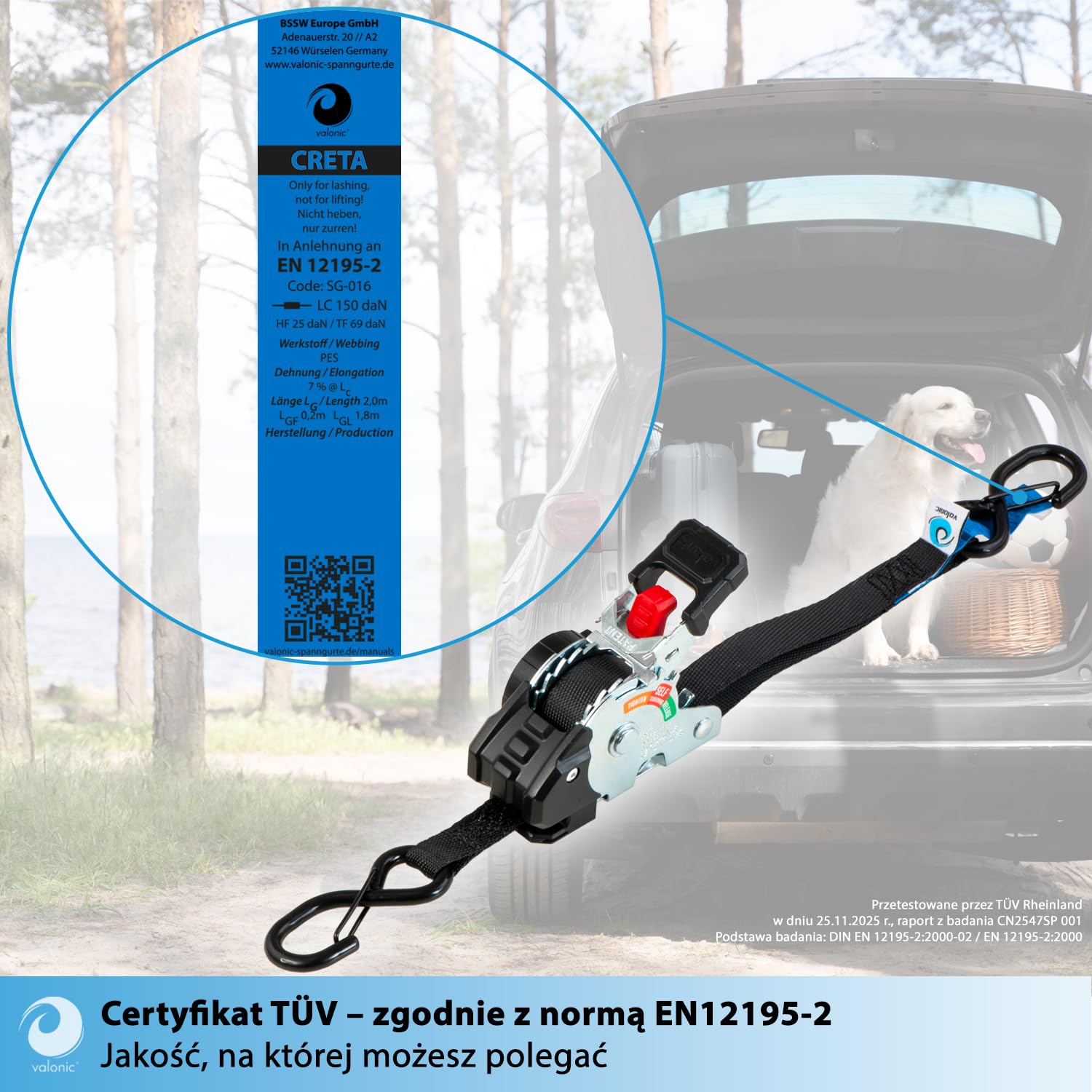 valonic CRETA 2 m, Mini automatyczne pasy mocujące, do codziennego użytku i transportu, zestaw 4 szt., 150 kg siła mocowania, 19 mm, mini, haki S z zabezpieczeniem