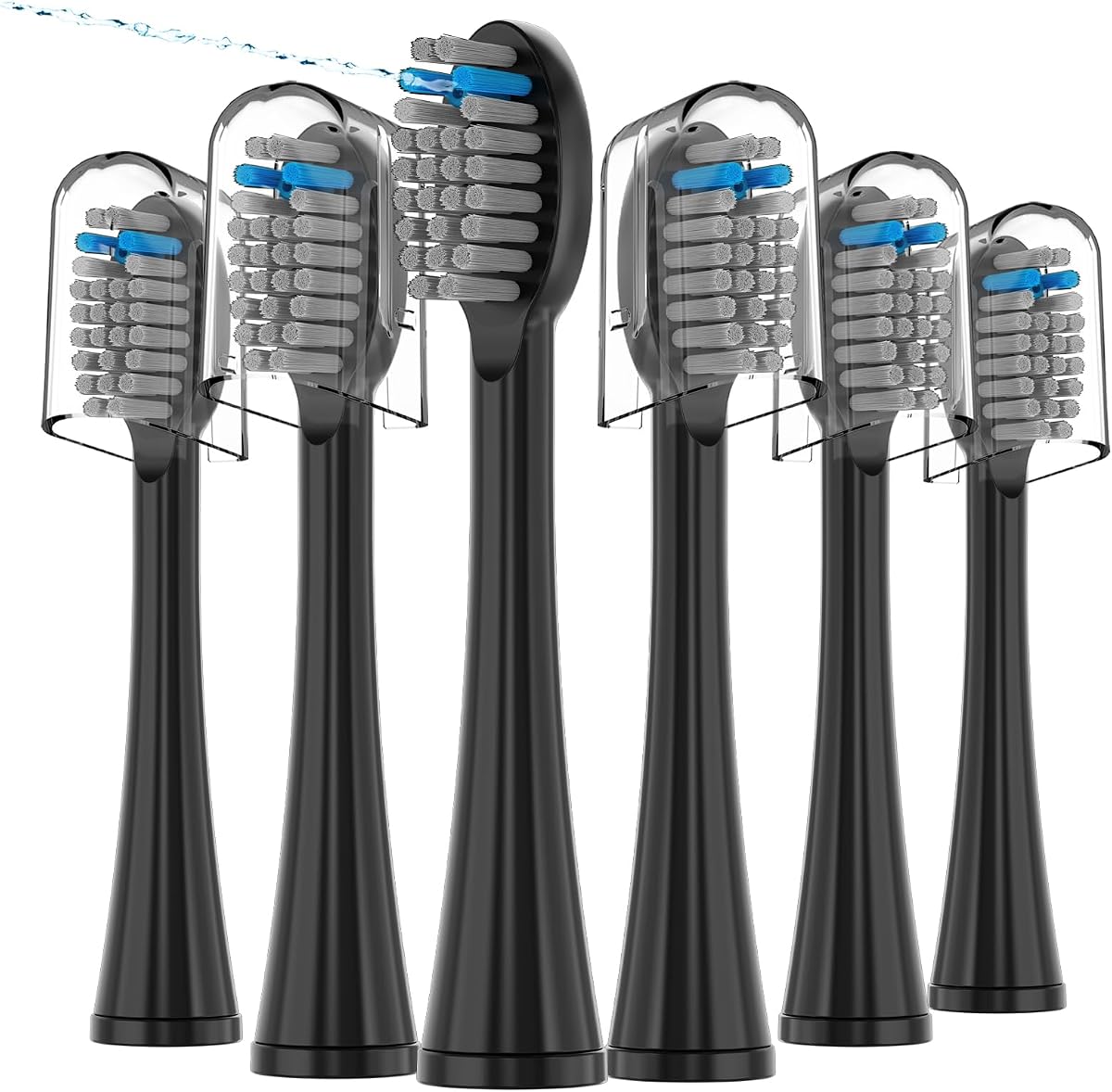 6 Pack Replacement Flossing Toothbrush Heads for Waterpik Sonic Fusion - Compatible with SF-01/SF-02/SF-03/SF-04 - Black with Caps