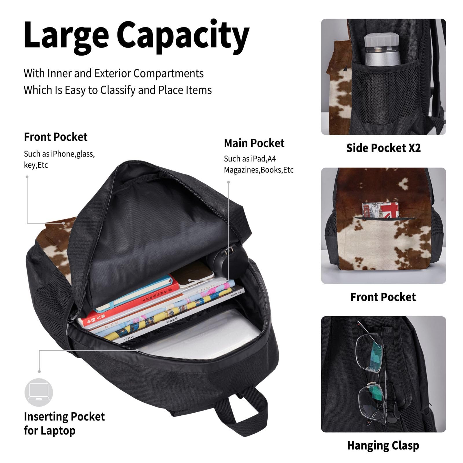 Juego de 3 mochilas escolares con estampado de piel de vacuno rojo y marrón, mochila para laptop de gran capacidad, resistente al agua, con bolsa de almuerzo aislada y estuche para lápices