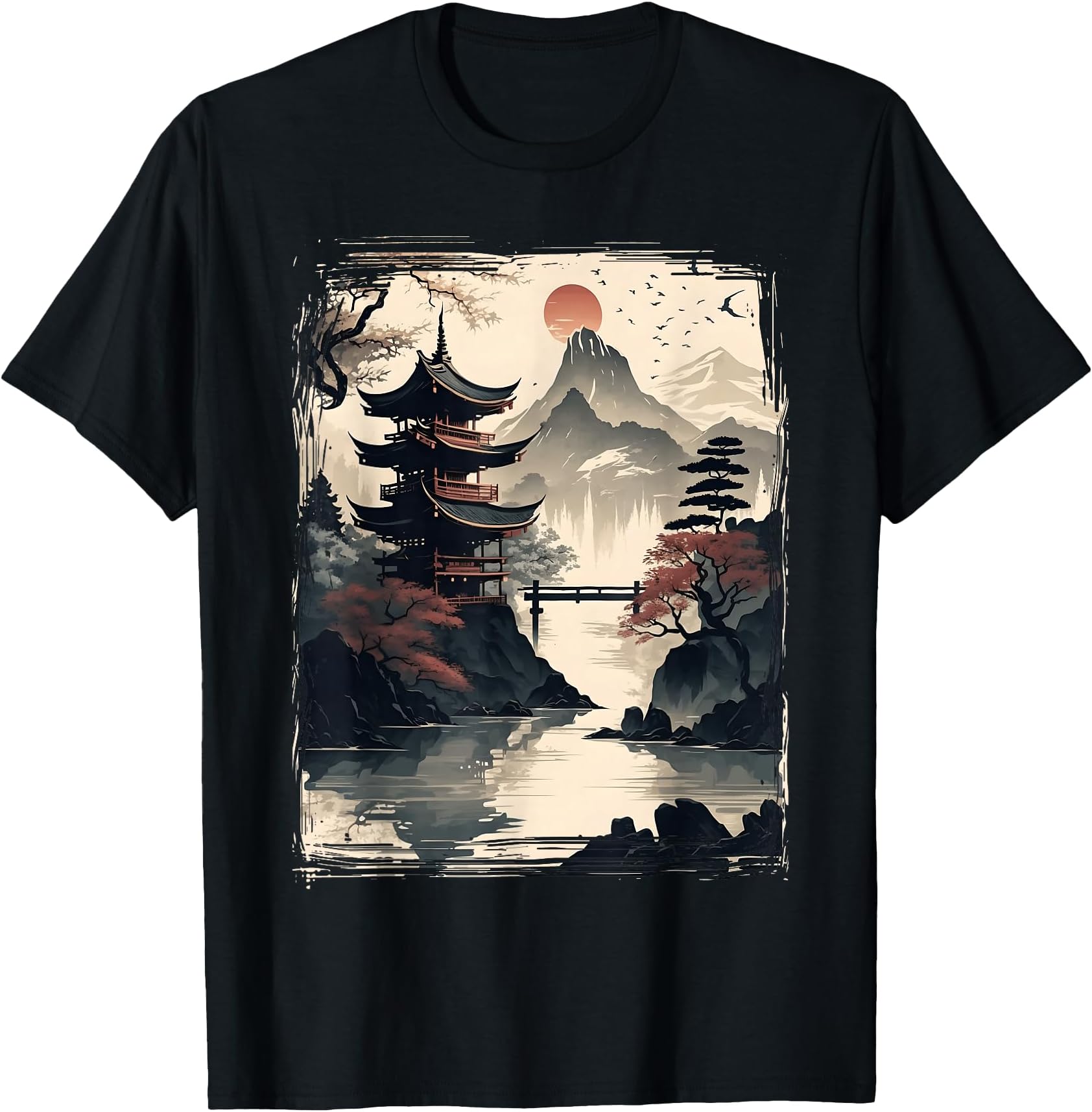 Vintage Japanese Floral Mountain View Landscape Graphic T-Shirt T-Shirt