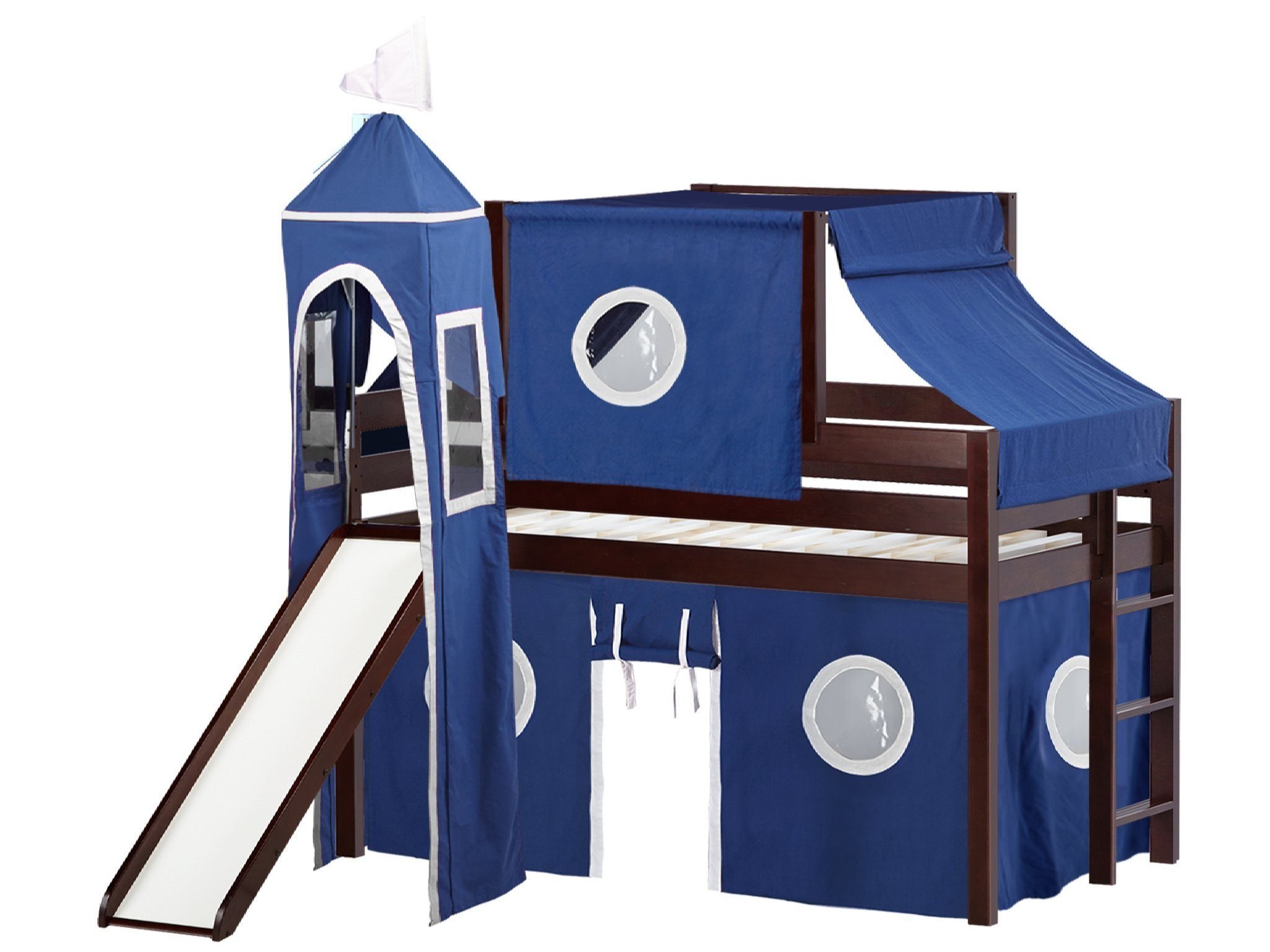 JACKPOT! Castle Low Loft Bed with Slide Blue & White Tent and Tower, Loft Bed, Twin, Cherry