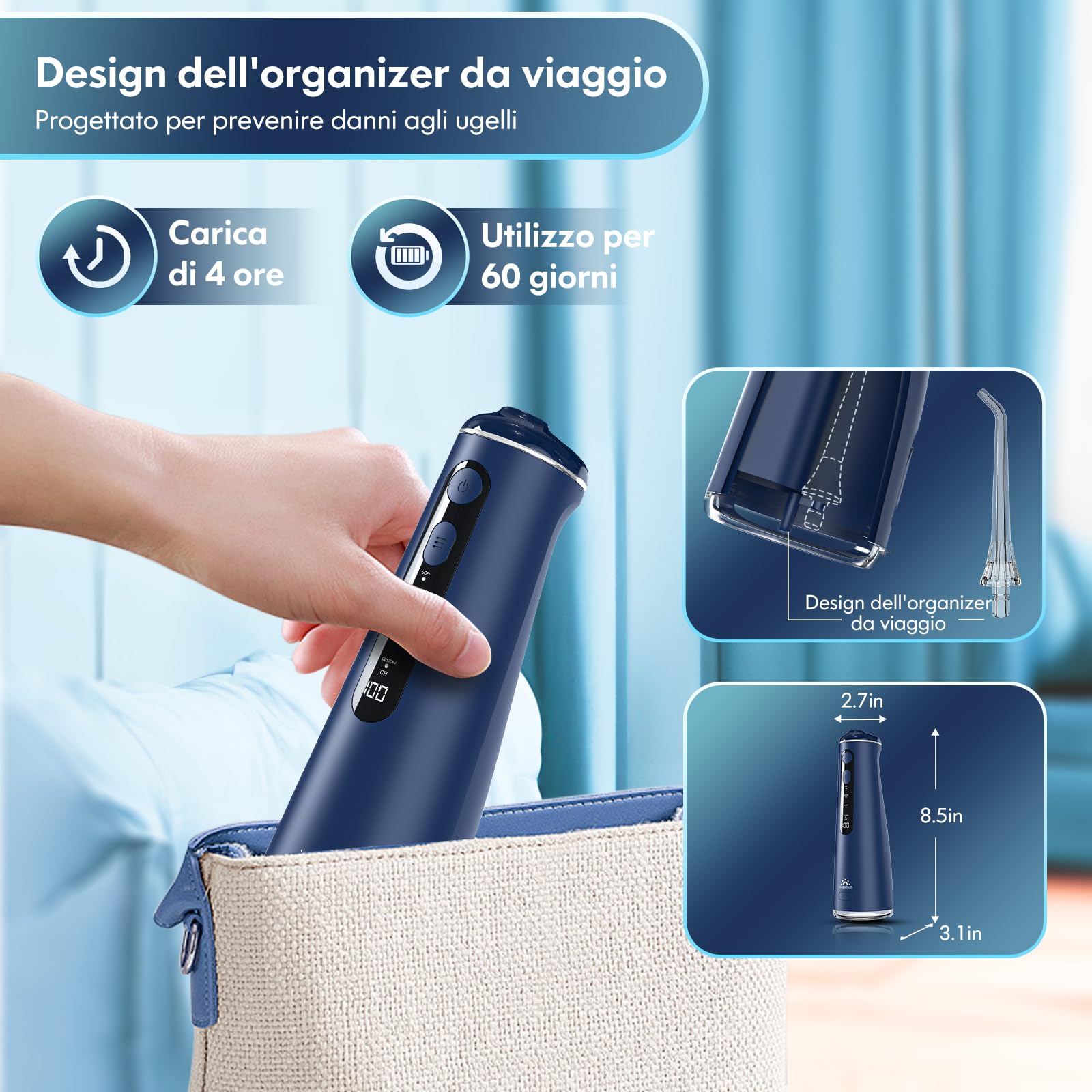 Idropulsore Dentale Portatile, Water Flosser Irrigatore Dentale Professionale con 4 Modalità & 8 Livelli Regolabili 7 Ugelli e Serbatoio da 300ML Idrogetto Orale per Pulizia Denti (Blu)