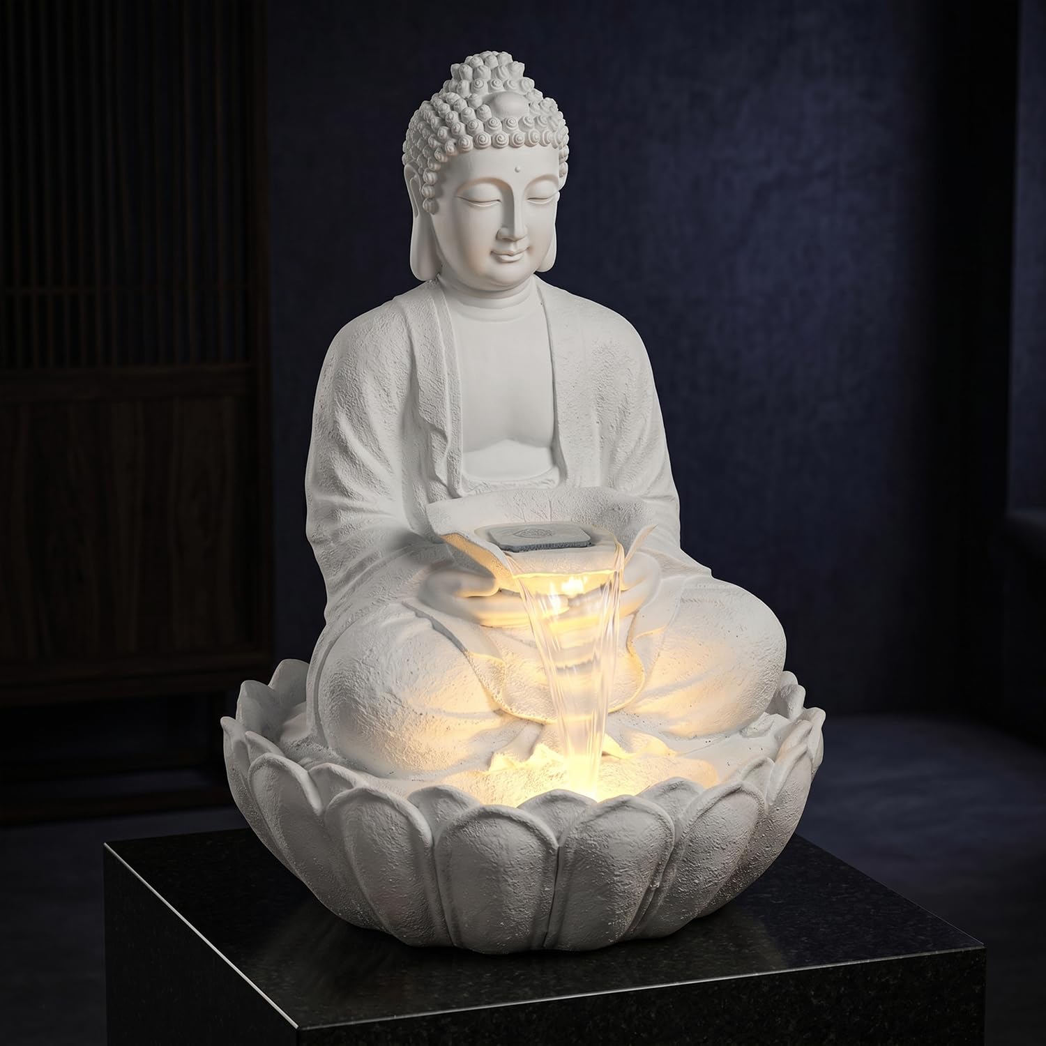 ORILEY Lotus Buddha Water Fountain with LED Lights 3 Feet Embossed Tabletop Home Decor for Indoor Living Room Office Decoration (Pack of 1, White)-picture-35
