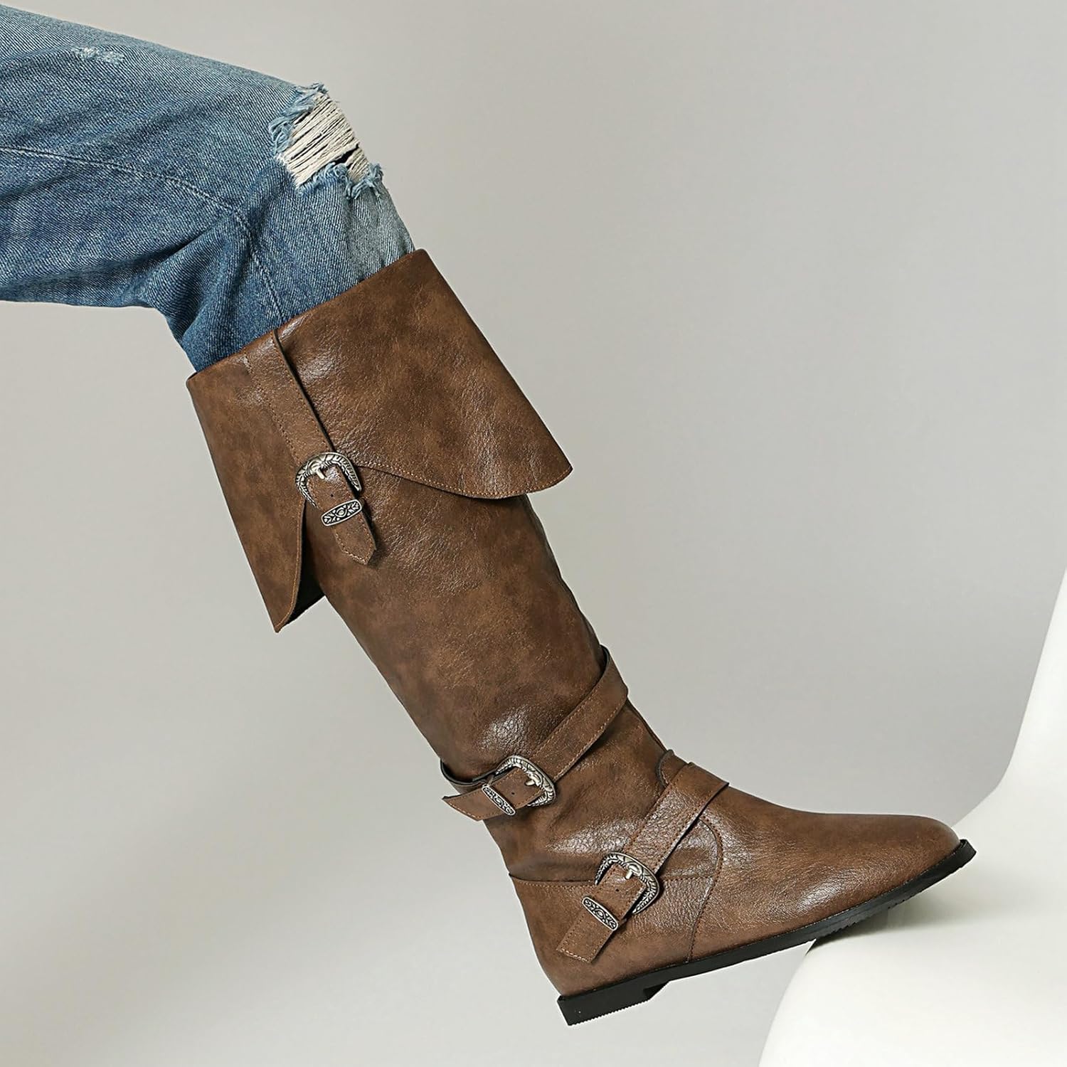 Betastella Womens Pirate Costume Boots Medieval Renaissance Knee High Flat Boots Buckle Vintage Halloween Cosplay Shoes, Size 8, Brown