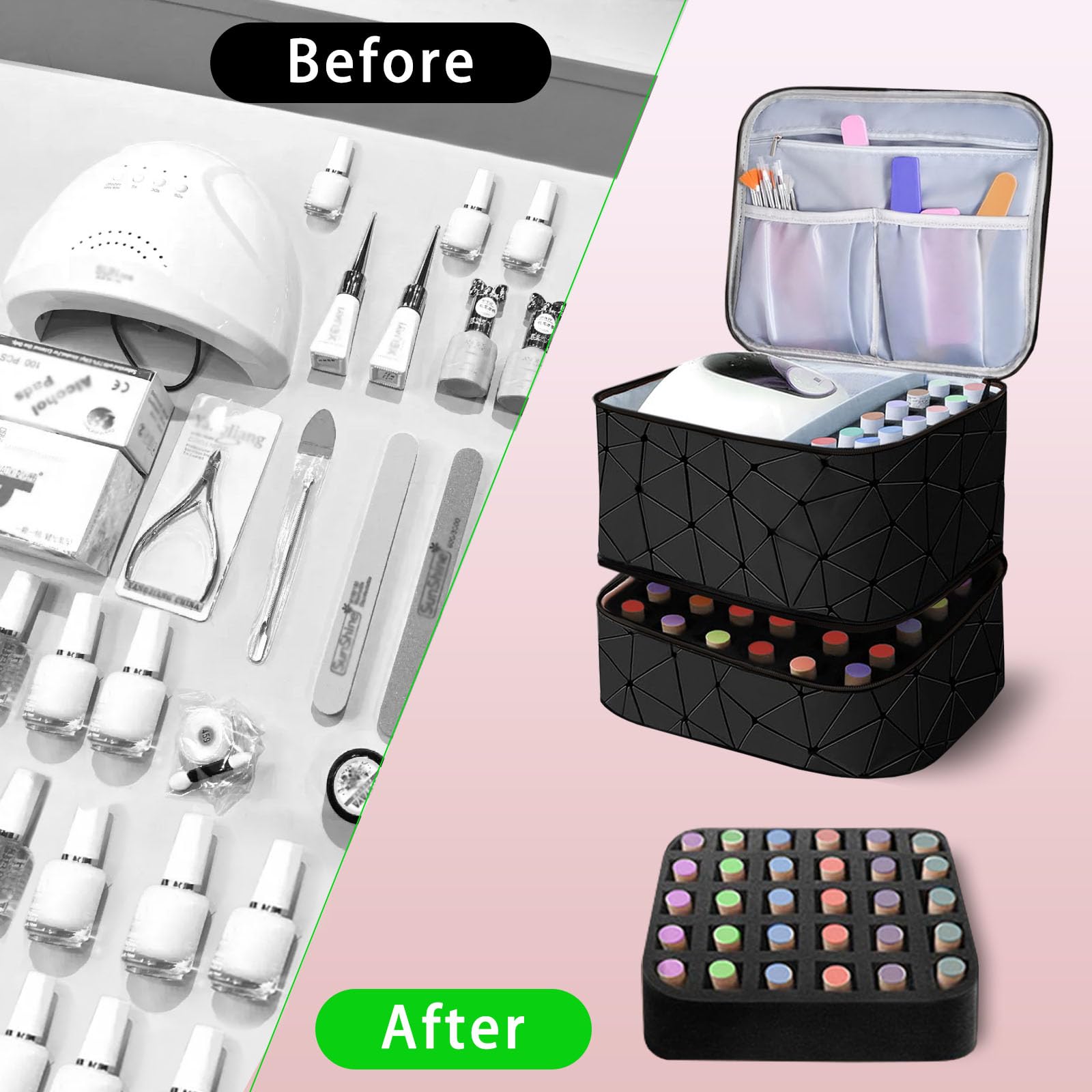 2-Layer Travel Makeup Bag,Nail Polish Organizer,Nail Tools Storage,Carry-on Only Polish Package,Waterproof,Adjustable Dividers Compartment,Holds 30 Bottles of 15ML Nail Polish - Image 3