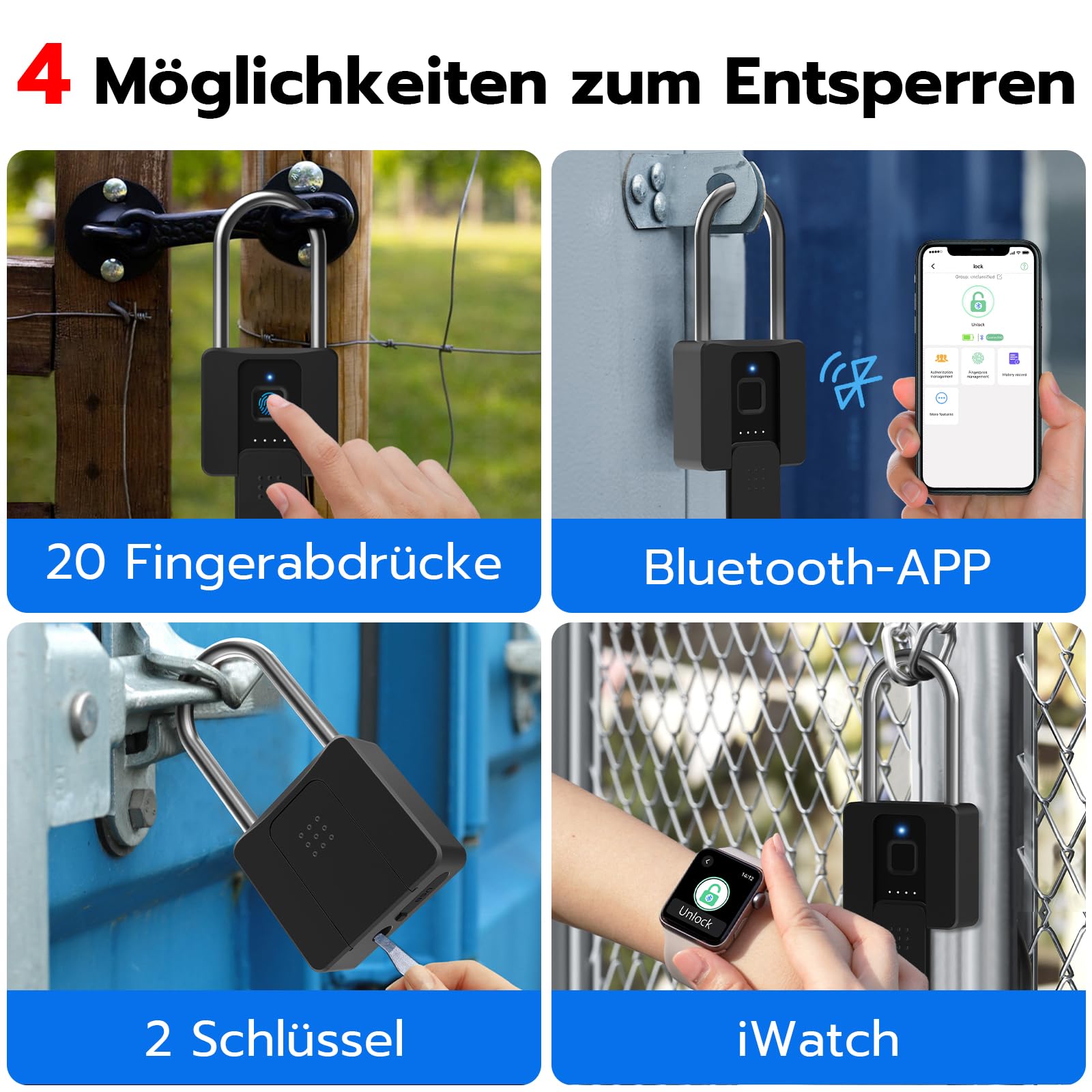 Lucchetto a Impronta Digitale, Lucchetto a Combinazione con Catenaccio Lungo Eseesmart con Chiave, Bluetooth, Lucchetto con Lunga 60MM, Lucchetto per Cancello Esterno Impermeabile