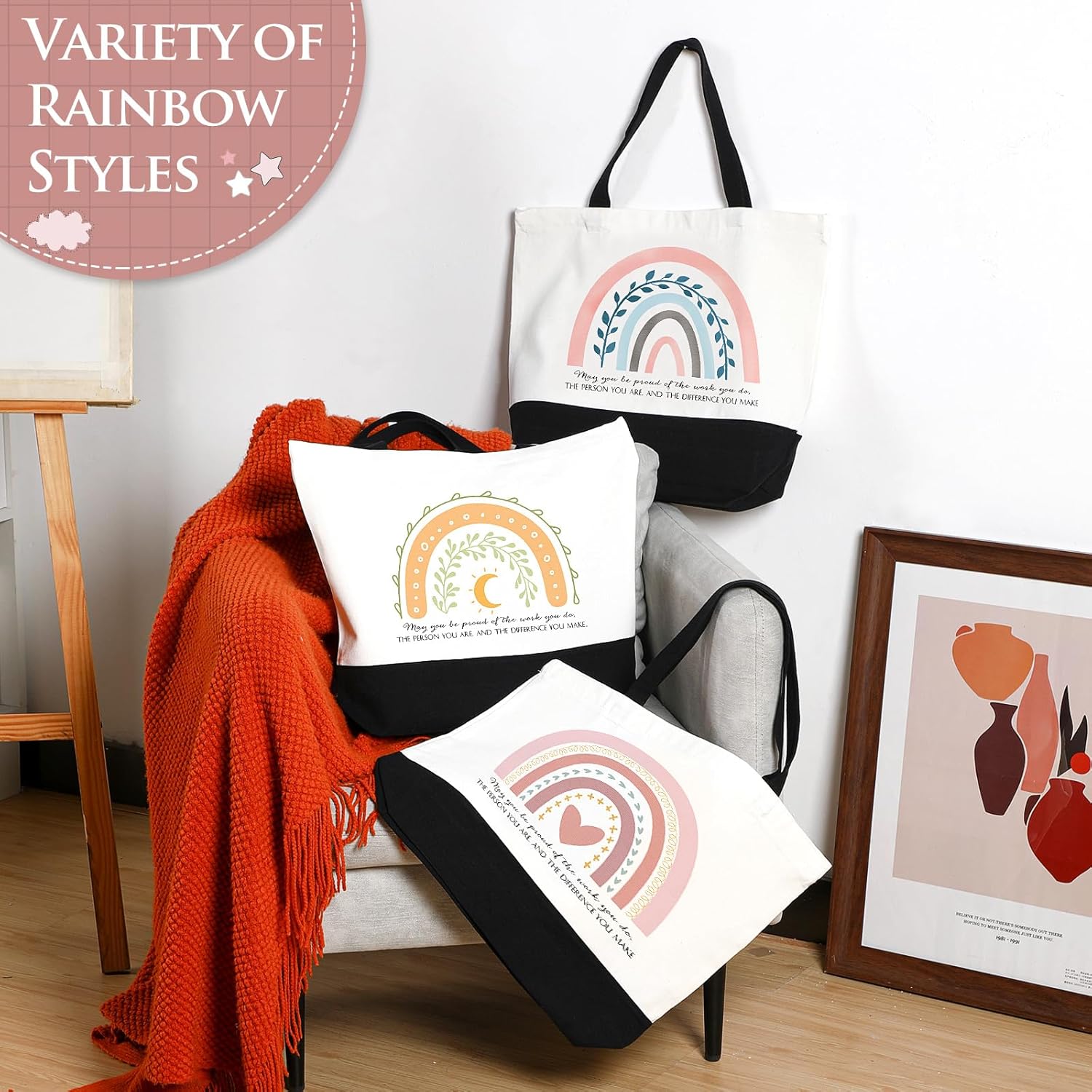 Sieral 10 Pcs Teacher Appreciation Gift Rainbow Canva Teacher Tote Bags Pack Retirement Thank You Reusable Bag Women Summer(Proud Sign)