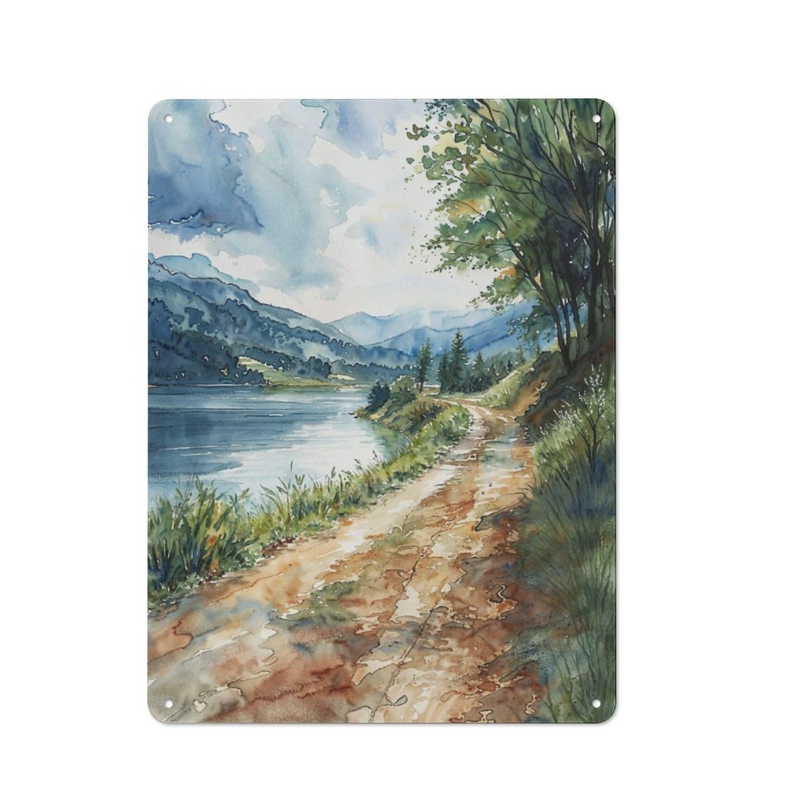 Junmoney Lakeside Path Cottage Style Metal Wall Decor 40X30cm, Farmhouse Metal Sign For Kitchen, Cottage, Porch Or Garden Room