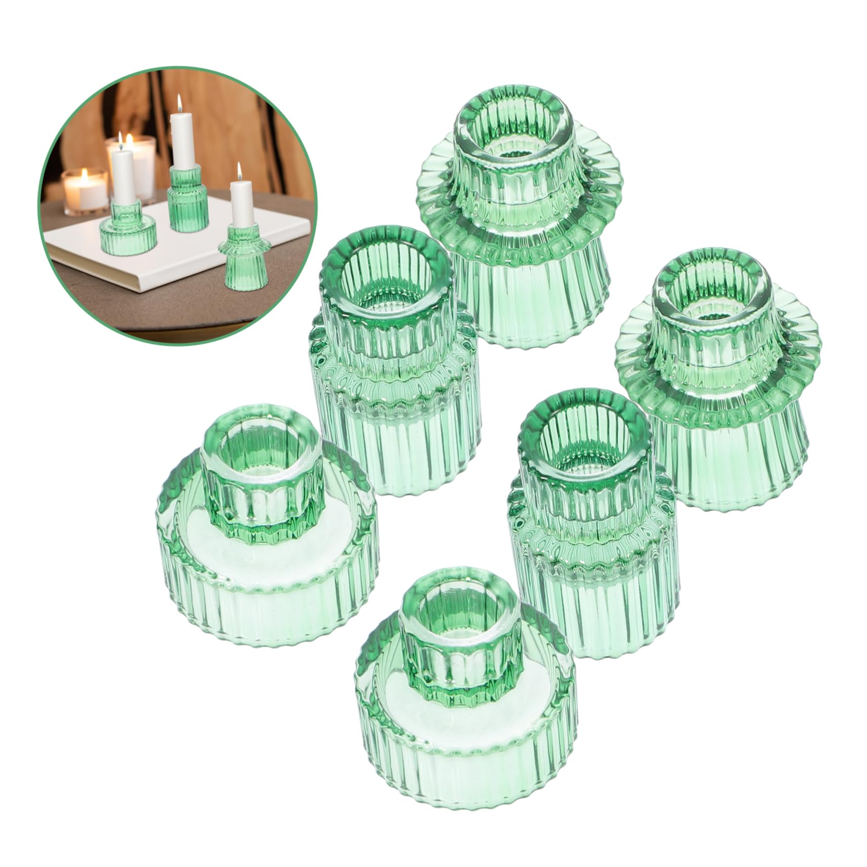 Portavelas de Cristal Verde en Relieve, Juego de 6 Piezas