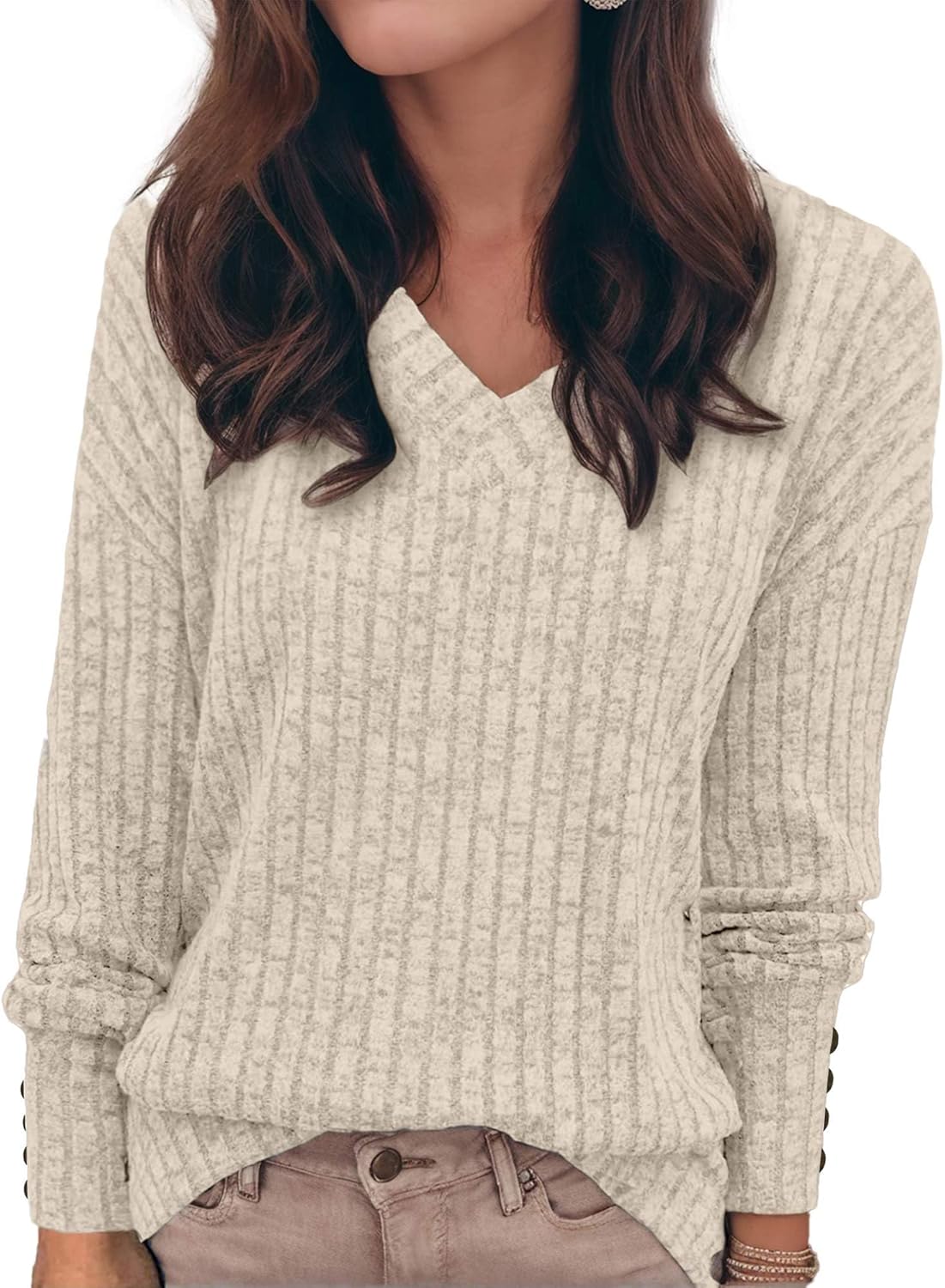 V Neck Long Sleeve Shirts for Women Casual Fall Tops Lightweight Tunic Sweaters Fashion Clothes Loose Fit